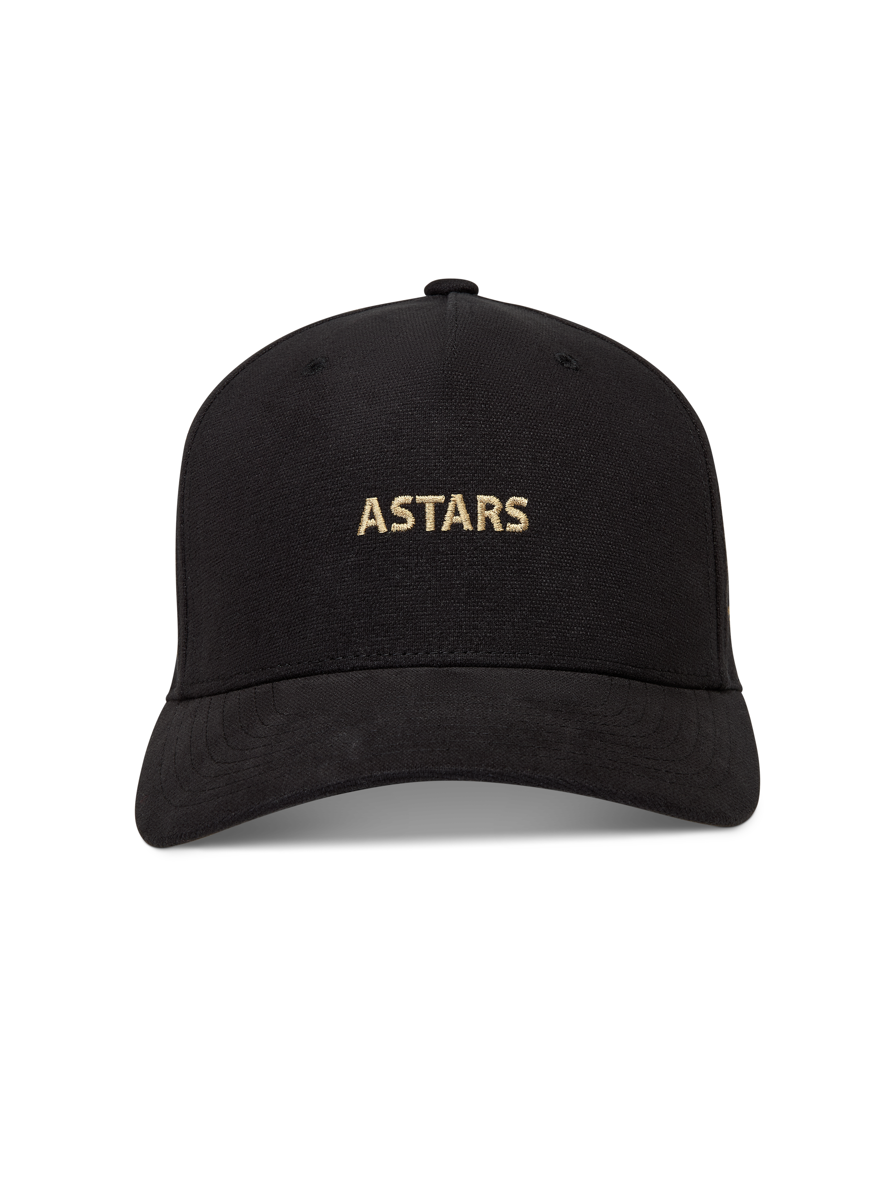 Alpinestars County Canvas kasket, sort med guldbroderet ASTARS-logo, buet skygge og struktureret krone.