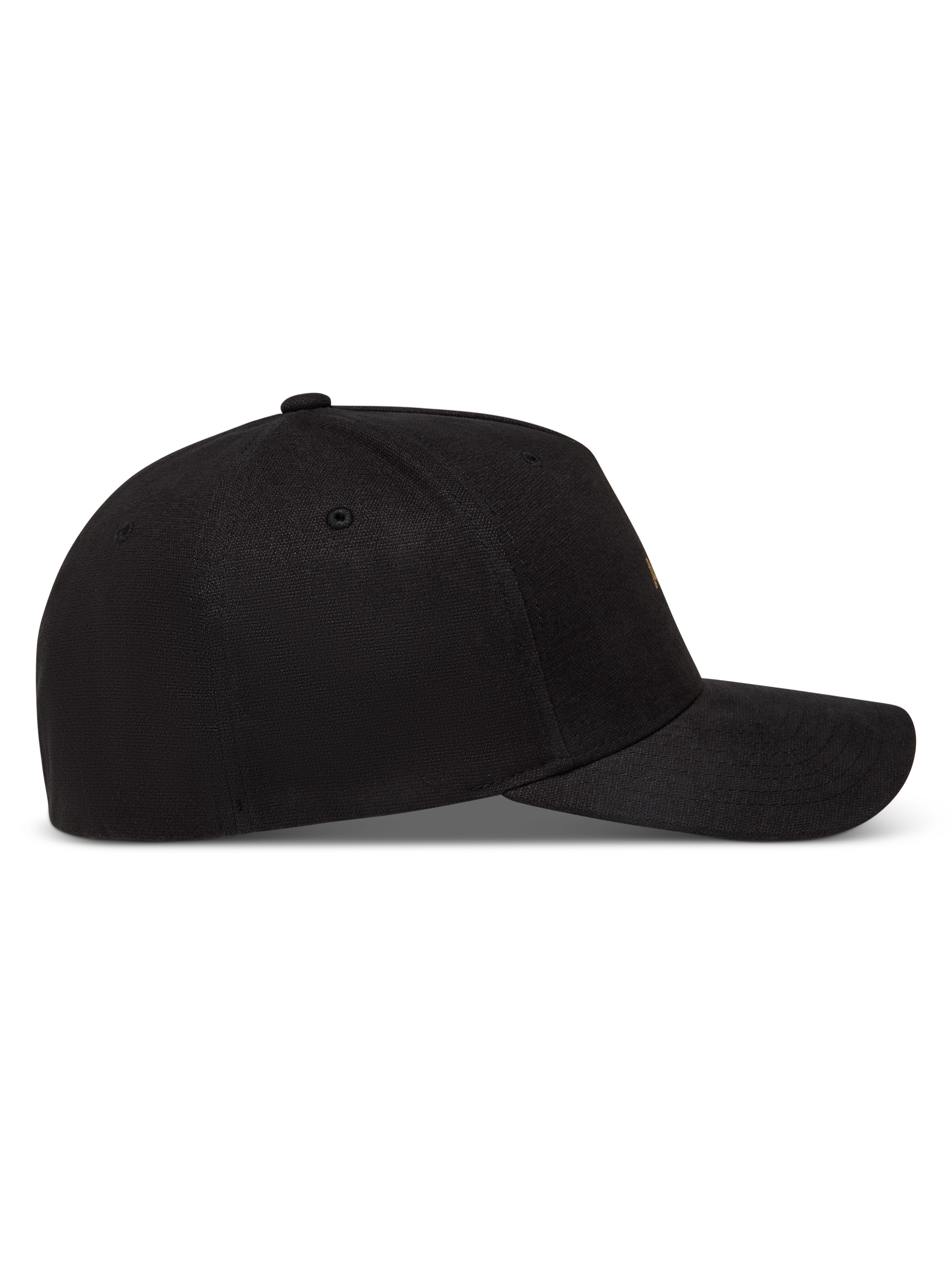 Alpinestars County Canvas Hat, sort kasket med buet skygge og struktureret krone i oxford peached-stof, set fra siden.