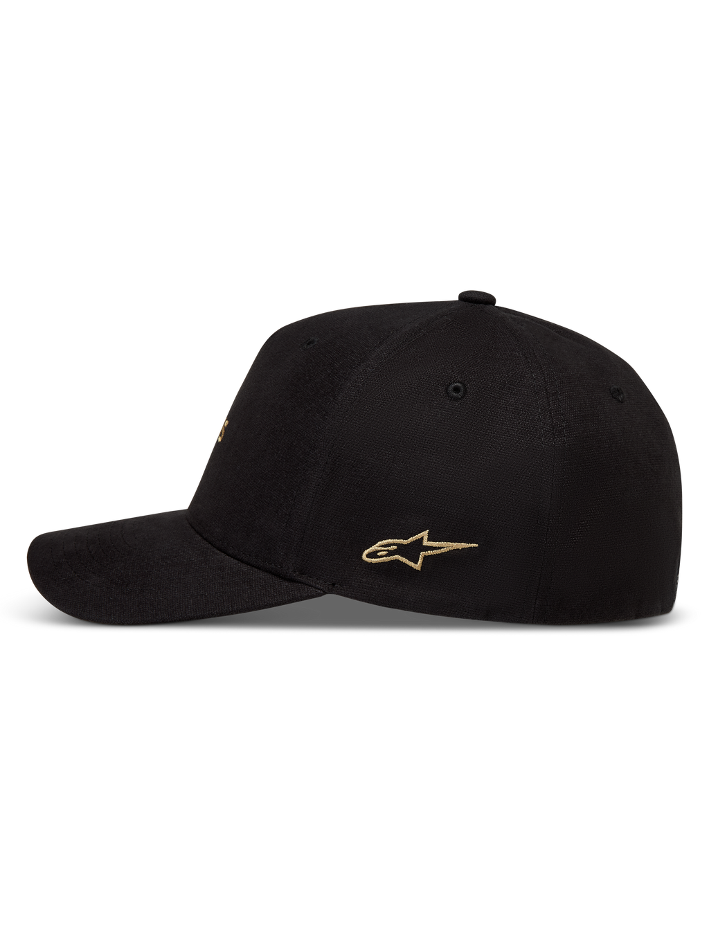 Alpinestars County Canvas Hat, sort kasket med guld Astars-logo broderi på siden, buet skygge og struktureret krone