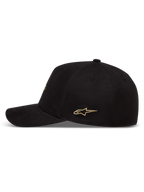 Alpinestars County Canvas Hat, sort kasket med guld Astars-logo broderi på siden, buet skygge og struktureret krone