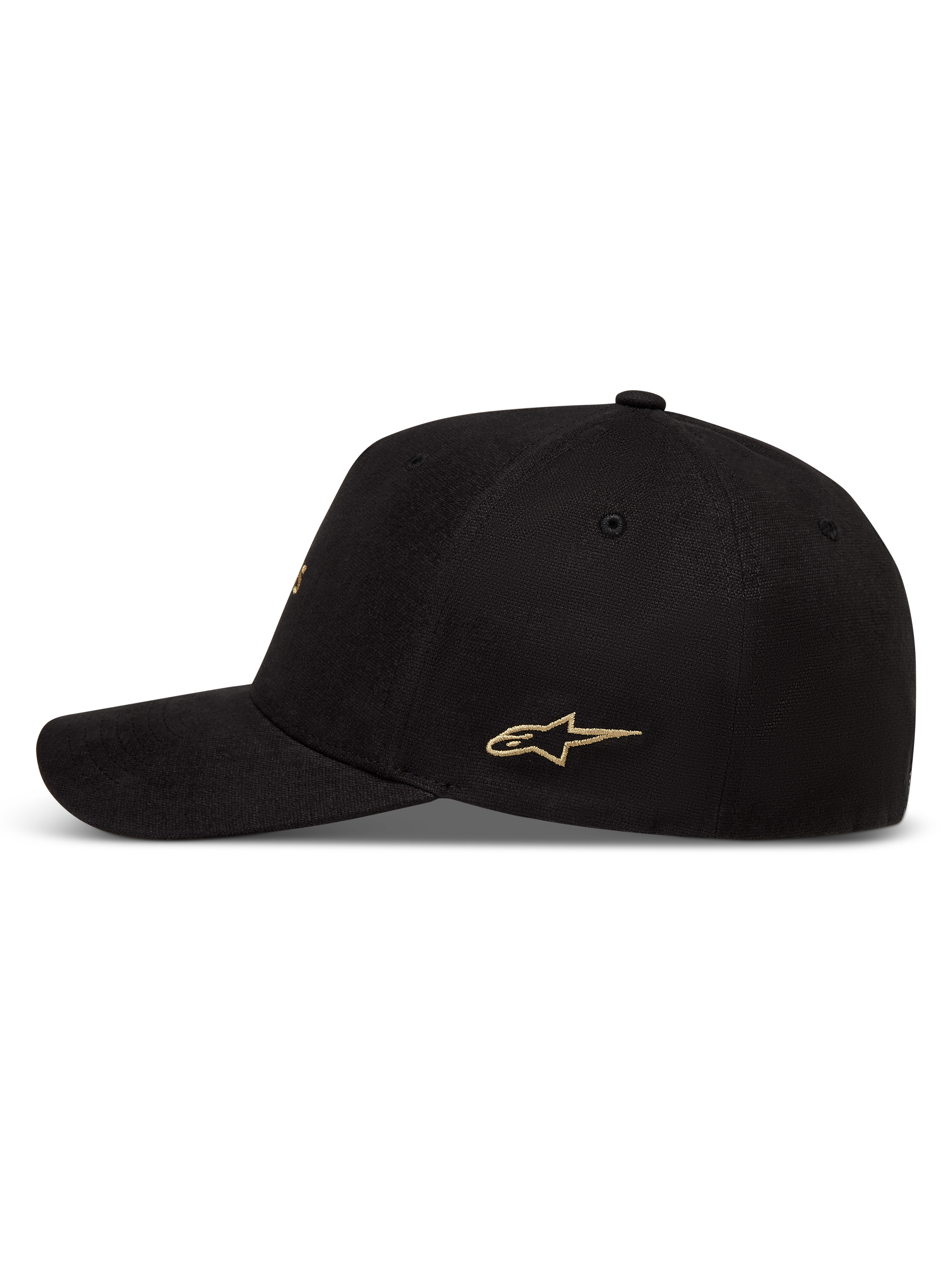 Alpinestars County Canvas Hat, sort kasket med guld Astars-logo broderi på siden, buet skygge og struktureret krone