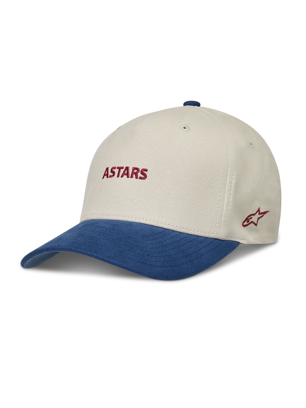 Alpinestars County Canvas kasket, sandfarvet og blå sportskasket i Oxford-lærred med buet skygge og rødt broderet Astars-logo.