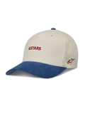 Alpinestars County Canvas kasket, sandfarvet og blå sportskasket i Oxford-lærred med buet skygge og rødt broderet Astars-logo.
