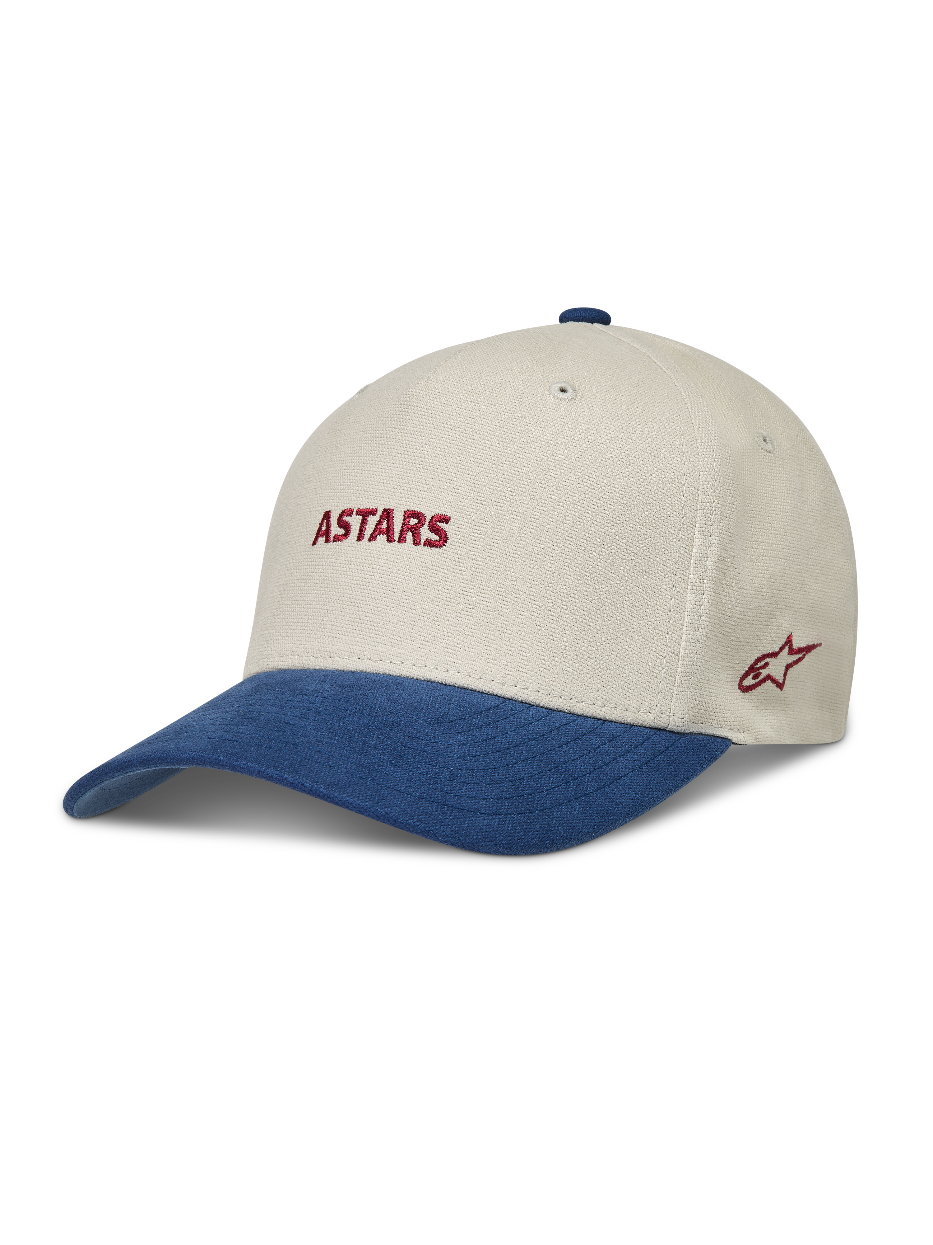 Alpinestars County Canvas kasket, sandfarvet og blå sportskasket i Oxford-lærred med buet skygge og rødt broderet Astars-logo.