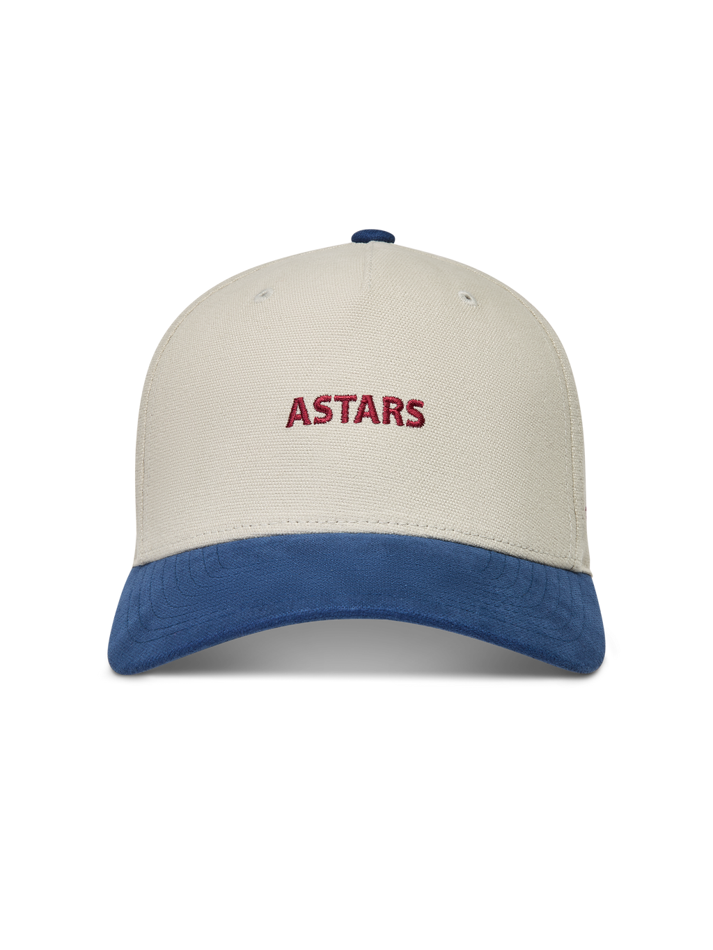 Alpinestars County Canvas Hat, sandfarvet og blå kasket med rødt broderet ASTARS-logo og buet skygge i lærred.