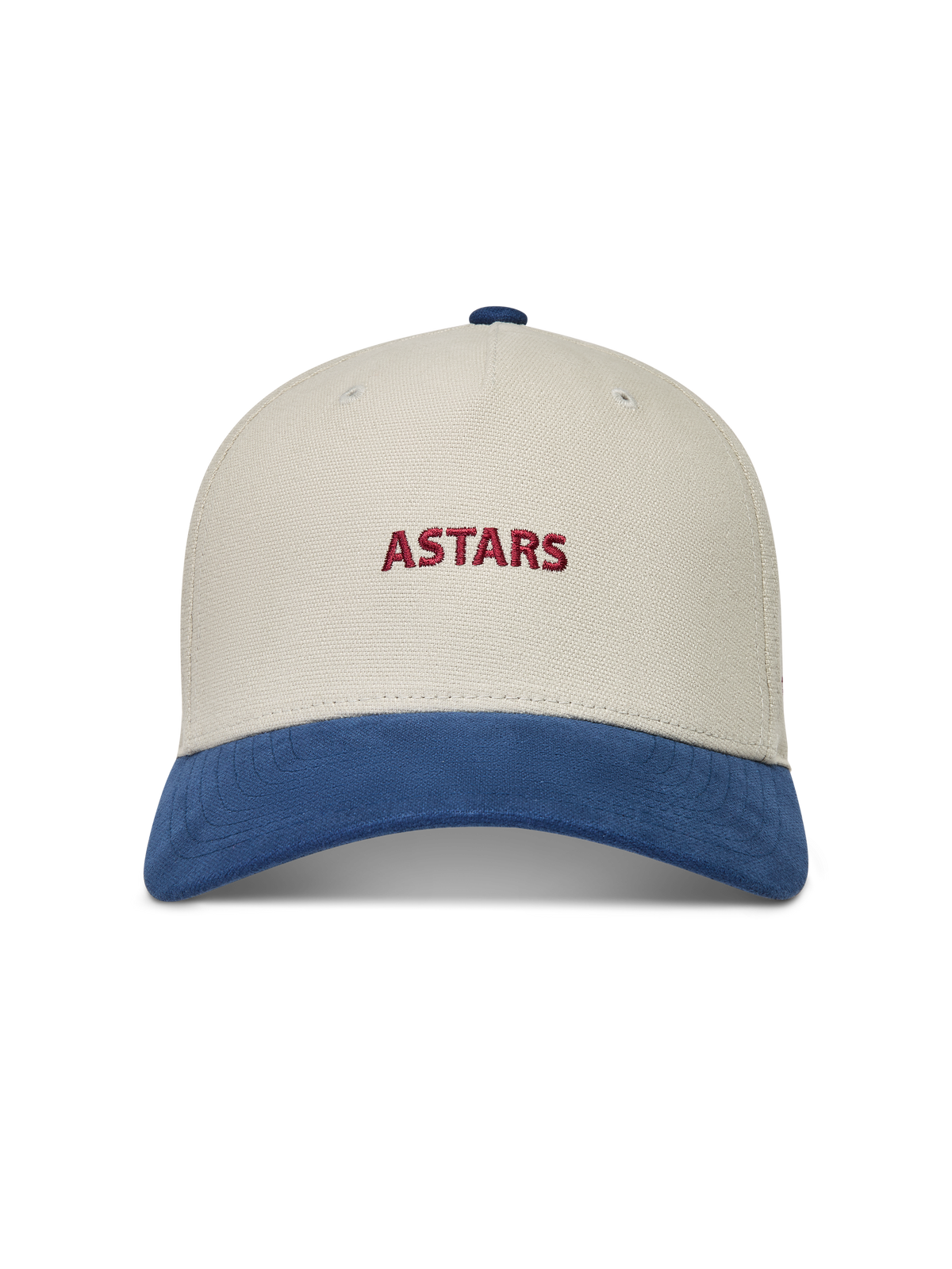 Alpinestars County Canvas Hat, sandfarvet og blå kasket med rødt broderet ASTARS-logo og buet skygge i lærred.