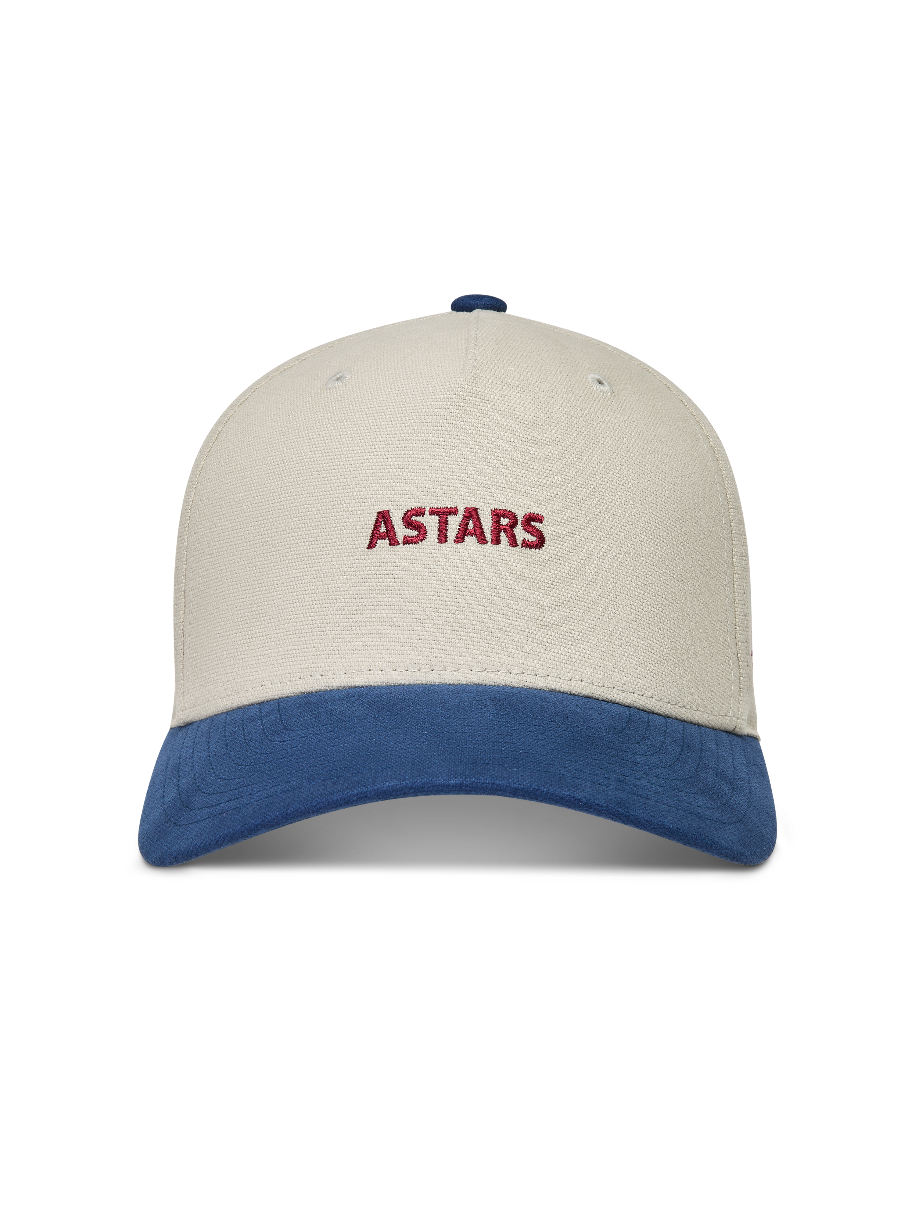 Alpinestars County Canvas Hat, sandfarvet og blå kasket med rødt broderet ASTARS-logo og buet skygge i lærred.