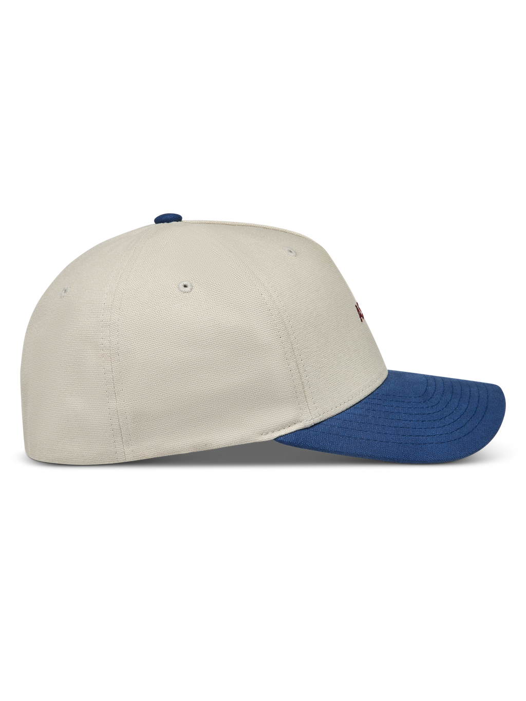 Alpinestars County Canvas Hat, sandfarvet og blå kasket med buet skygge, set fra siden, motorsport sportstøj.