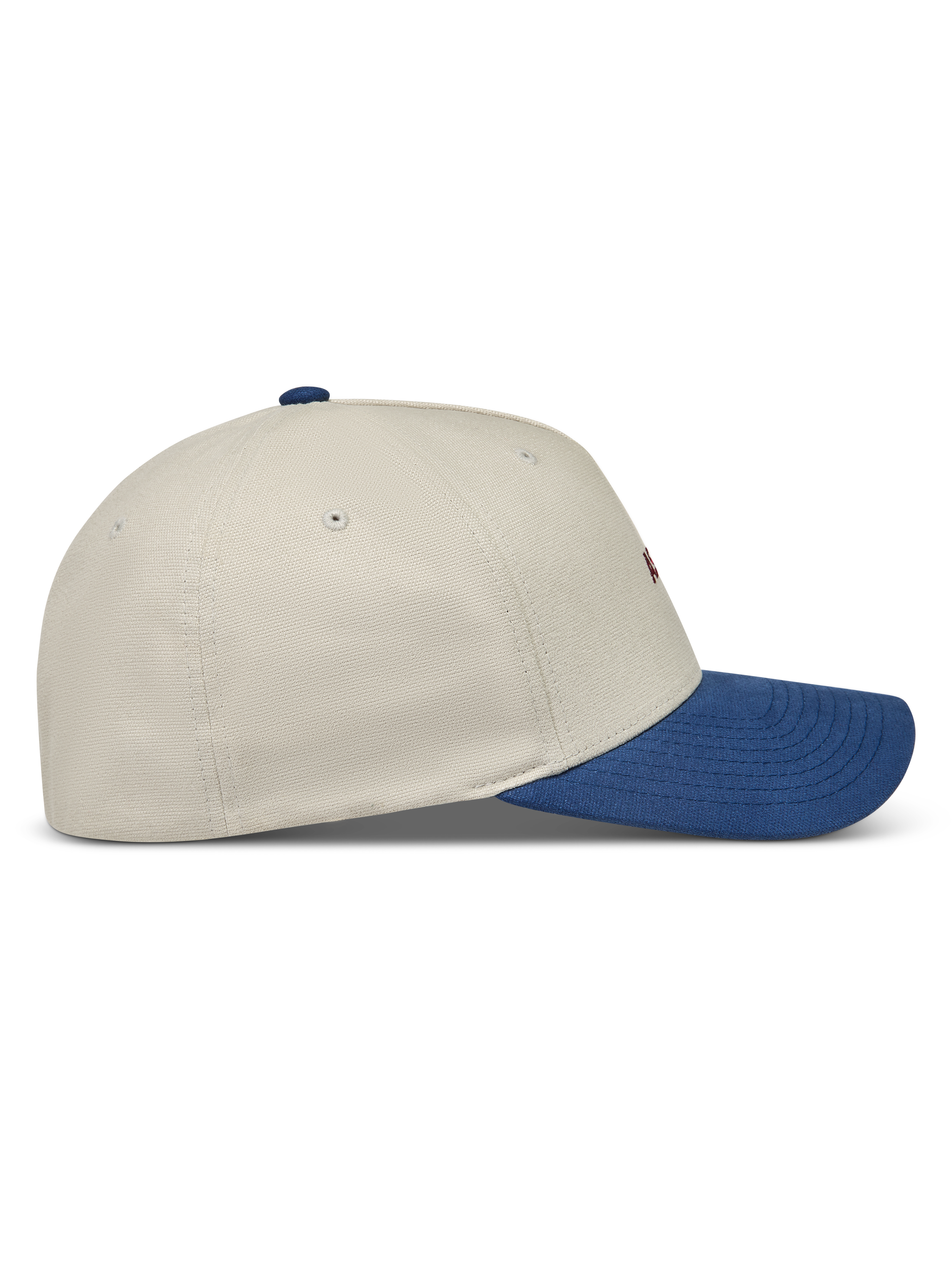 Alpinestars County Canvas Hat, sandfarvet og blå kasket med buet skygge, set fra siden, motorsport sportstøj.