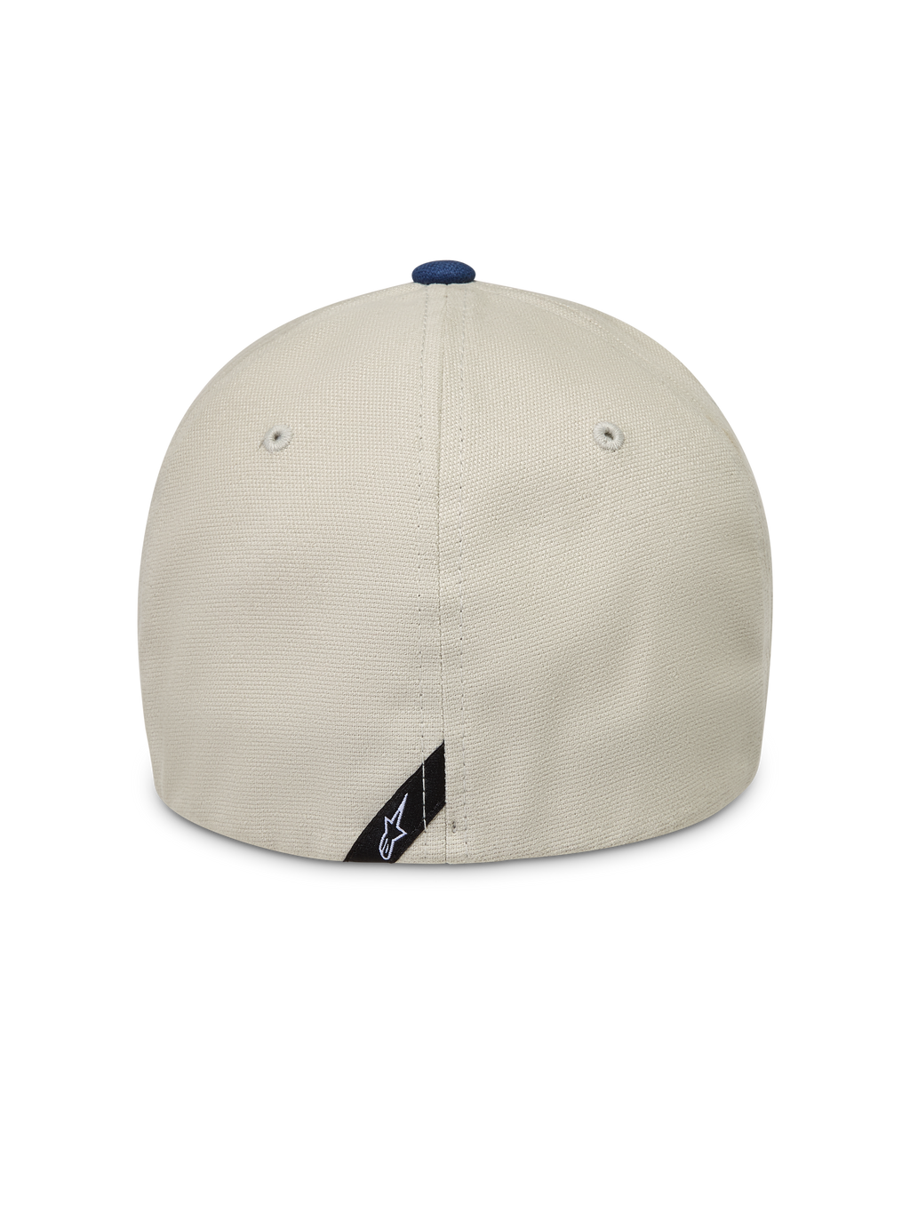 Alpinestars County Canvas Hat, sandfarvet og blå kasket, set bagfra med flexryg og peached oxford-stof.