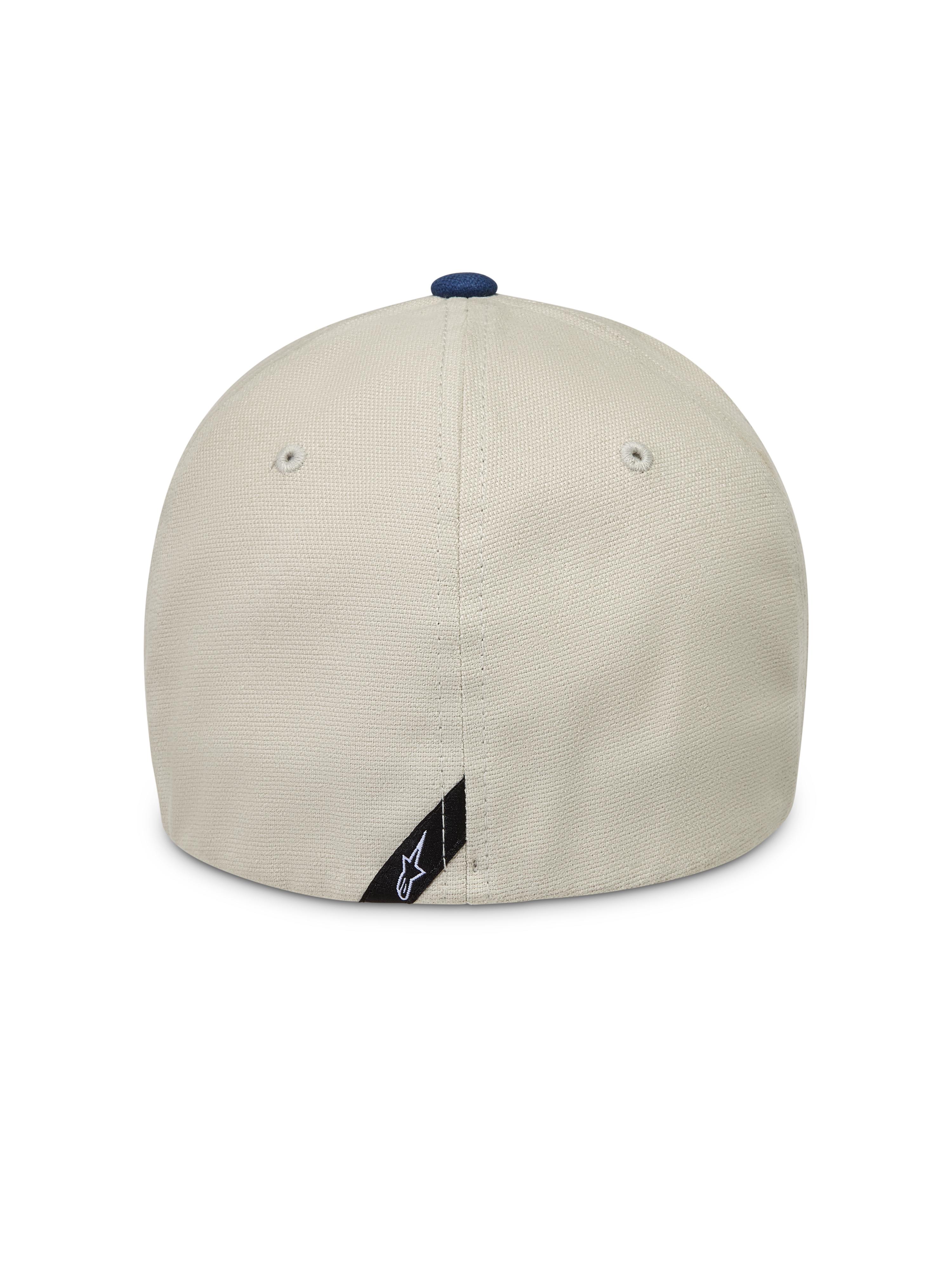Alpinestars County Canvas Hat, sandfarvet og blå kasket, set bagfra med flexryg og peached oxford-stof.