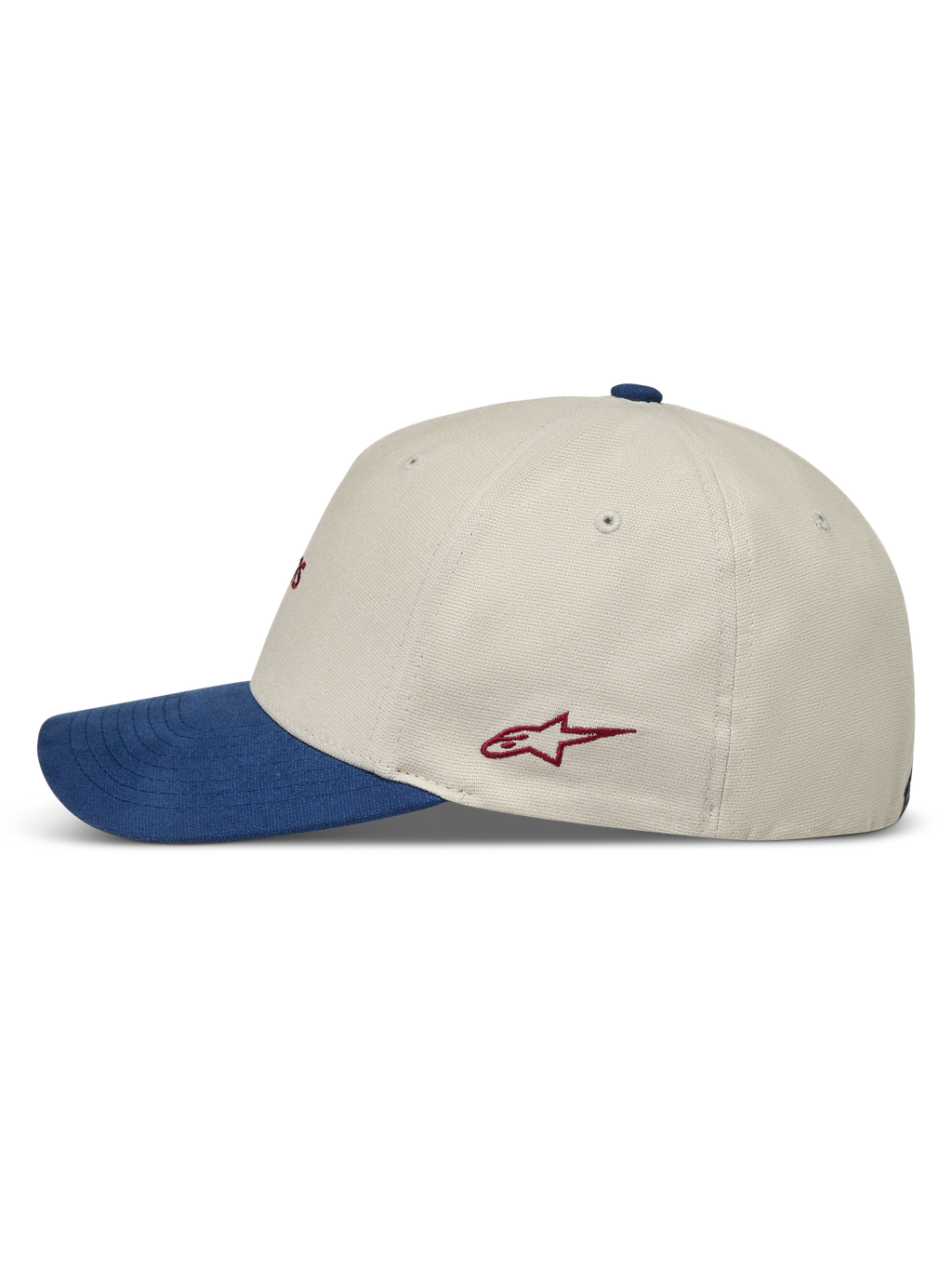 Alpinestars County Canvas kasket, sportswearkasket i sand og blå med buet skygge og rødt logo, set fra siden.