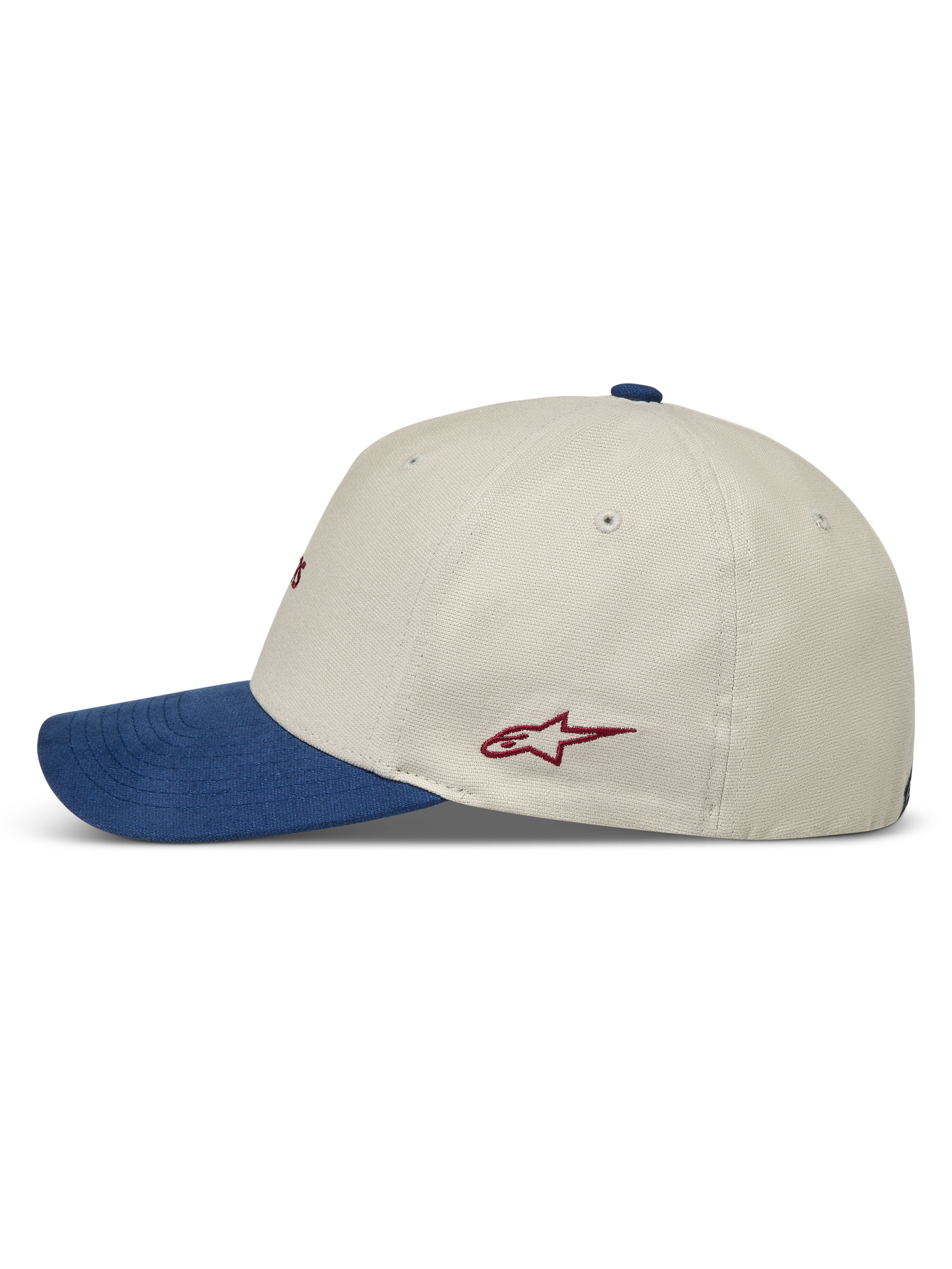 Alpinestars County Canvas kasket, sportswearkasket i sand og blå med buet skygge og rødt logo, set fra siden.