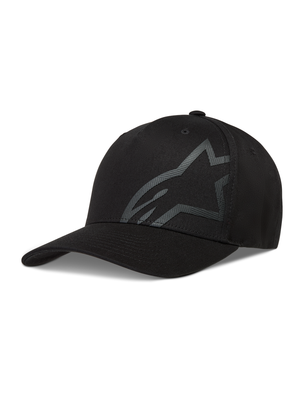 Alpinestars Maze Hat, sort kasket i twill med tekstureret Astars-logo, buet skygge og flex back.