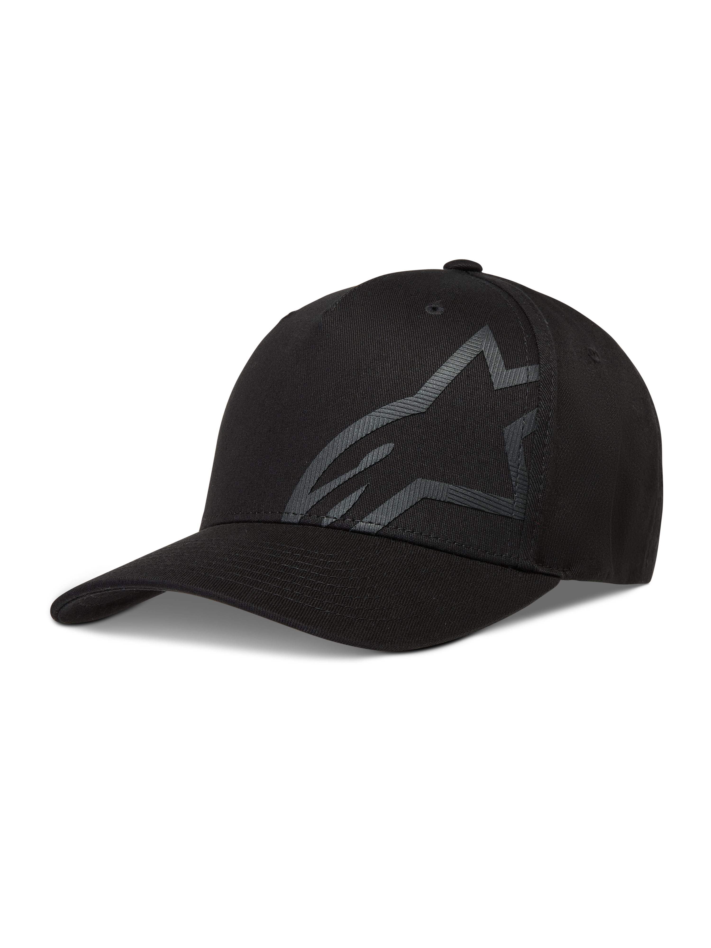Alpinestars Maze Hat, sort kasket i twill med tekstureret Astars-logo, buet skygge og flex back.