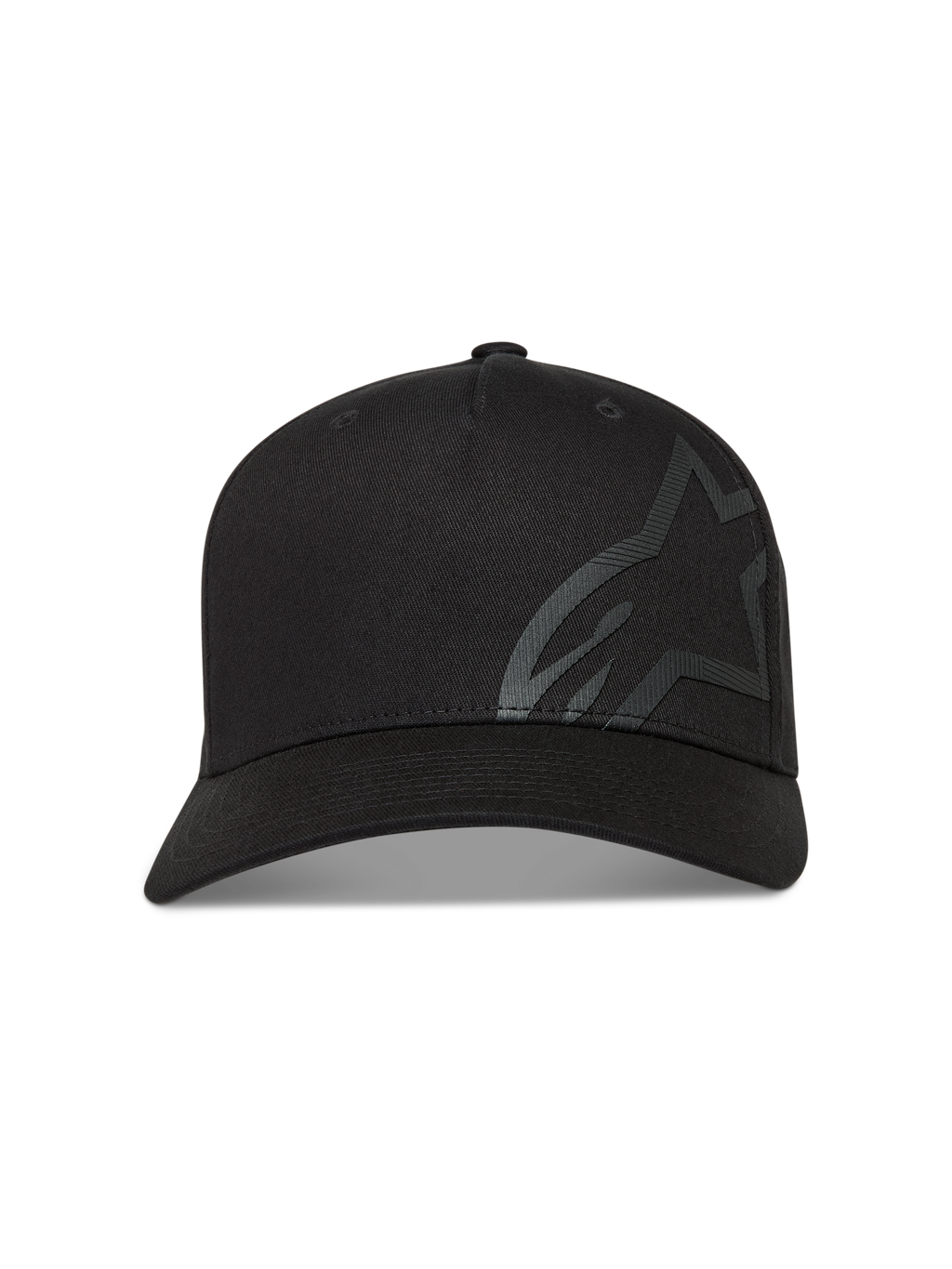 Alpinestars Maze kasket, sort twill-sportskasket med buet skygge og stort tekstureret Astars-logo, motorsport-streetwear.
