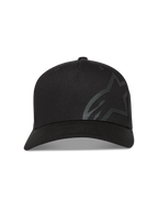 Alpinestars Maze kasket, sort twill-sportskasket med buet skygge og stort tekstureret Astars-logo, motorsport-streetwear.