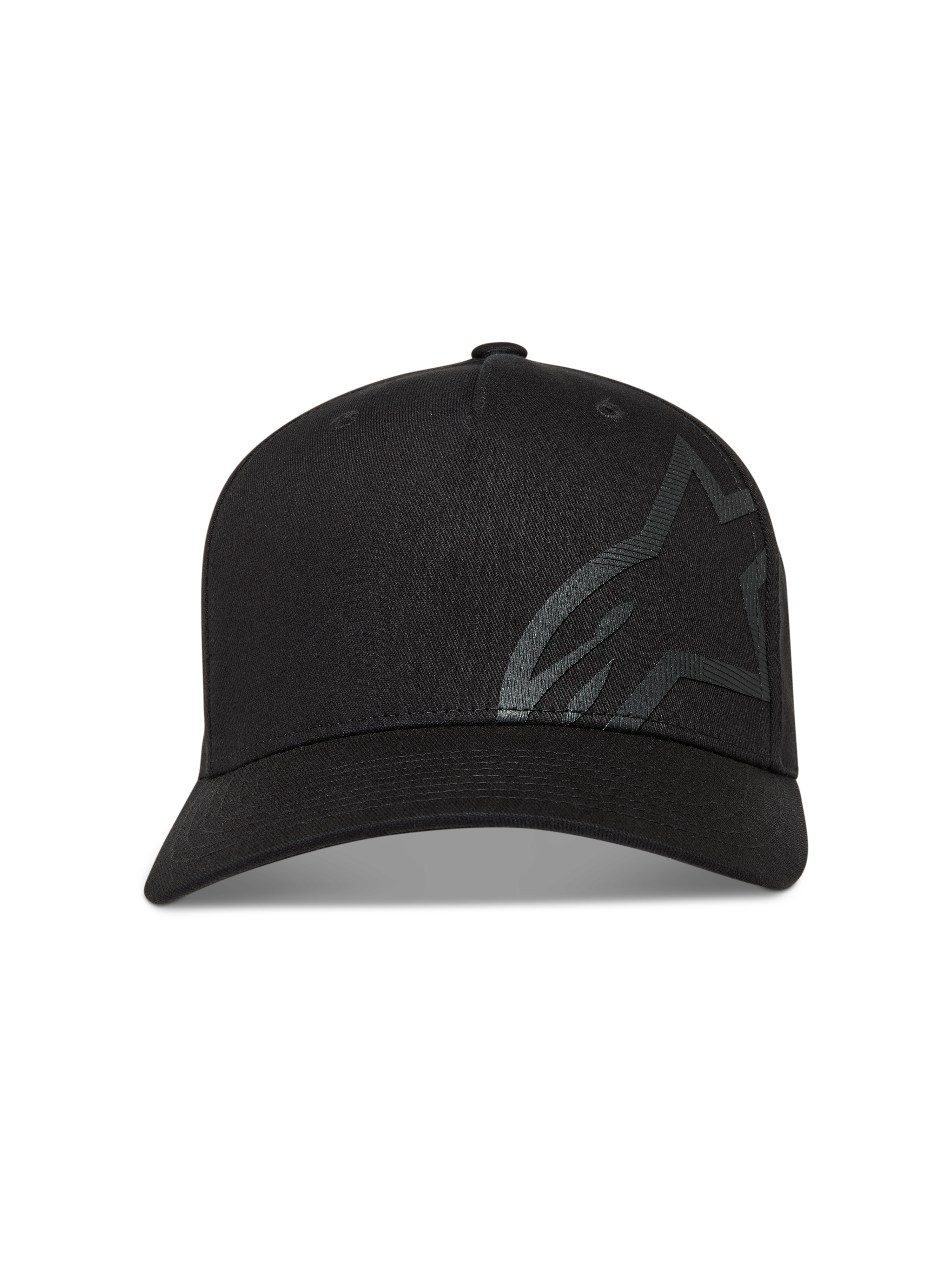 Alpinestars Maze kasket, sort twill-sportskasket med buet skygge og stort tekstureret Astars-logo, motorsport-streetwear.