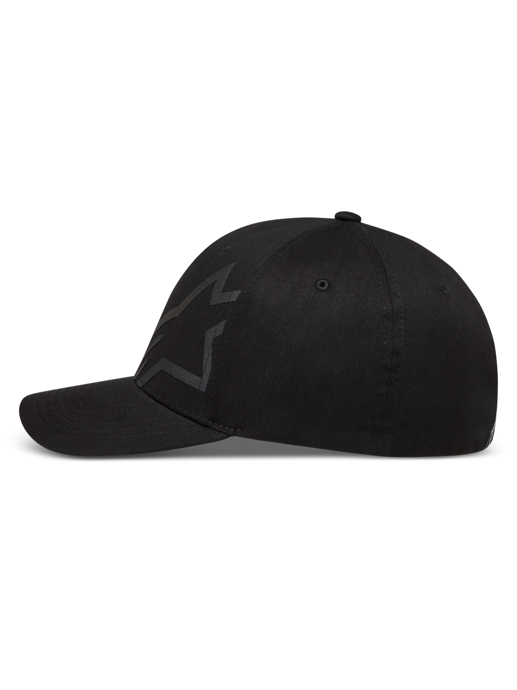 Alpinestars Maze Hat, sort kasket med buet skygge og tekstureret logo i twill-stof, motorsport-streetwear