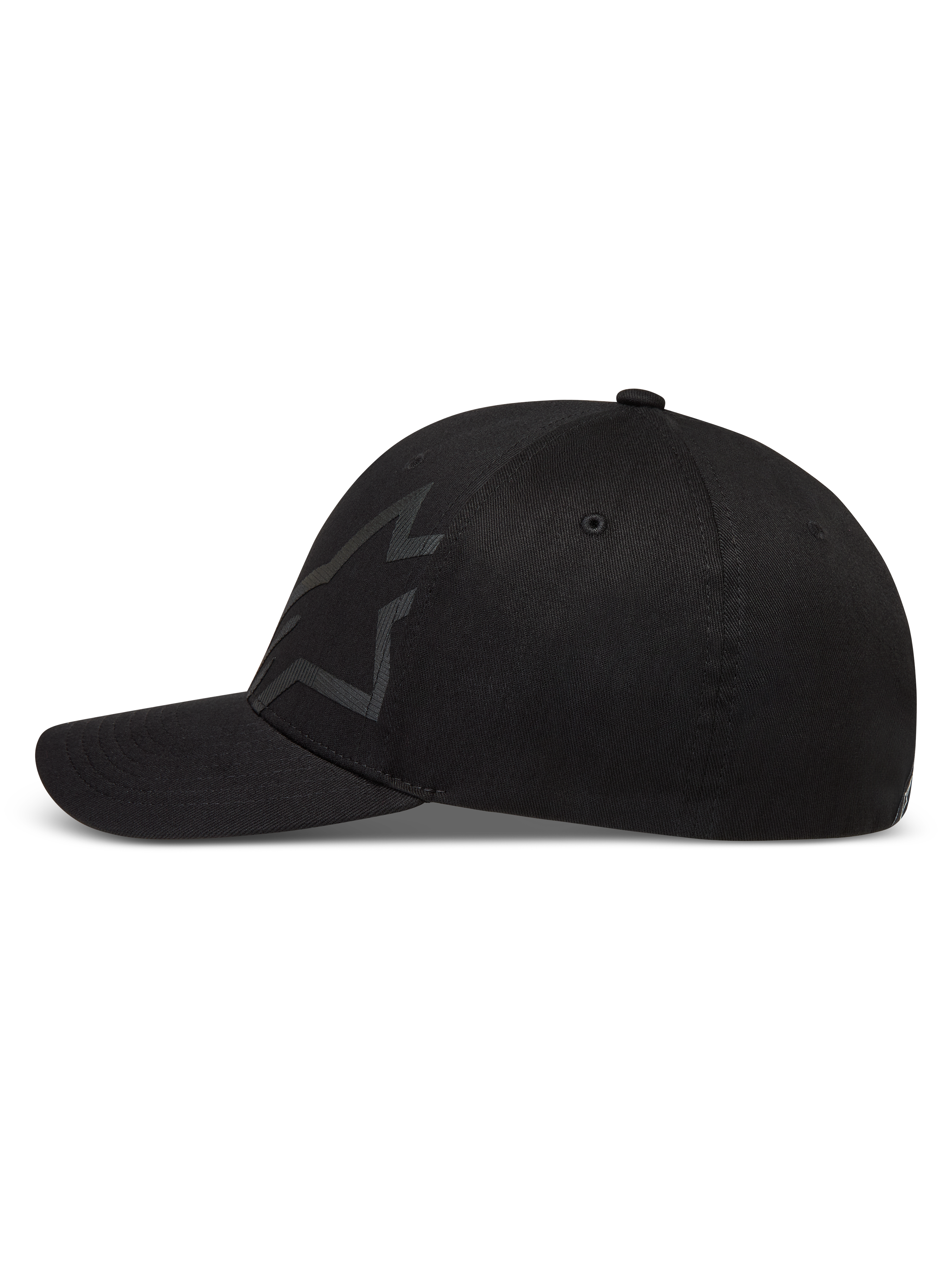 Alpinestars Maze Hat, sort kasket med buet skygge og tekstureret logo i twill-stof, motorsport-streetwear
