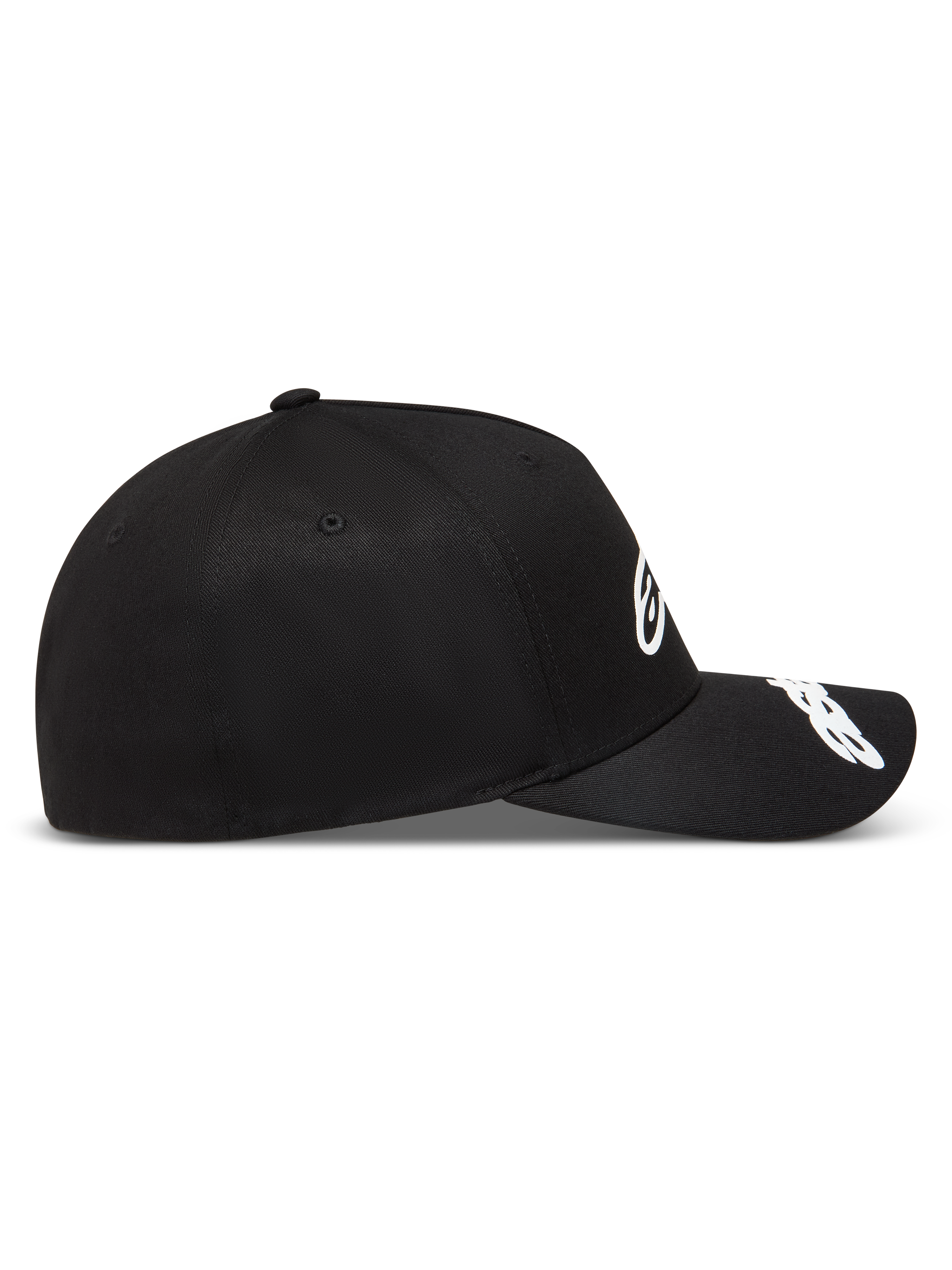 Alpinestars Arclight Hat, black sportswear cap with structured crown and white puff print logos on the front and visor.