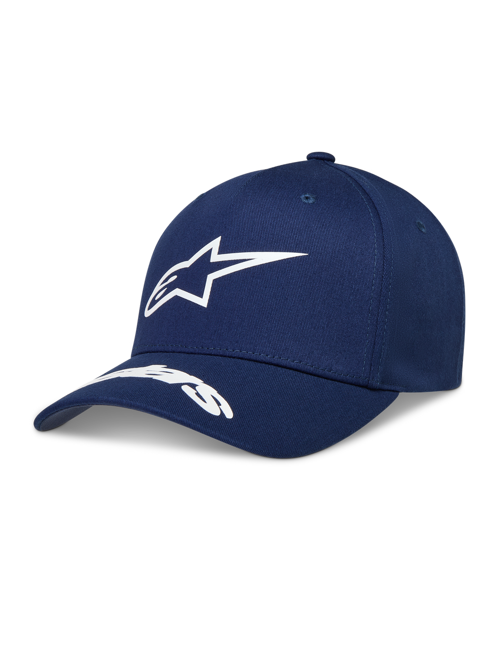Alpinestars Arclight Hat, navyblå kasket med hvidt puff-print logo, buet skygge og struktureret krone.
