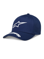 Alpinestars Arclight Hat, navyblå kasket med hvidt puff-print logo, buet skygge og struktureret krone.