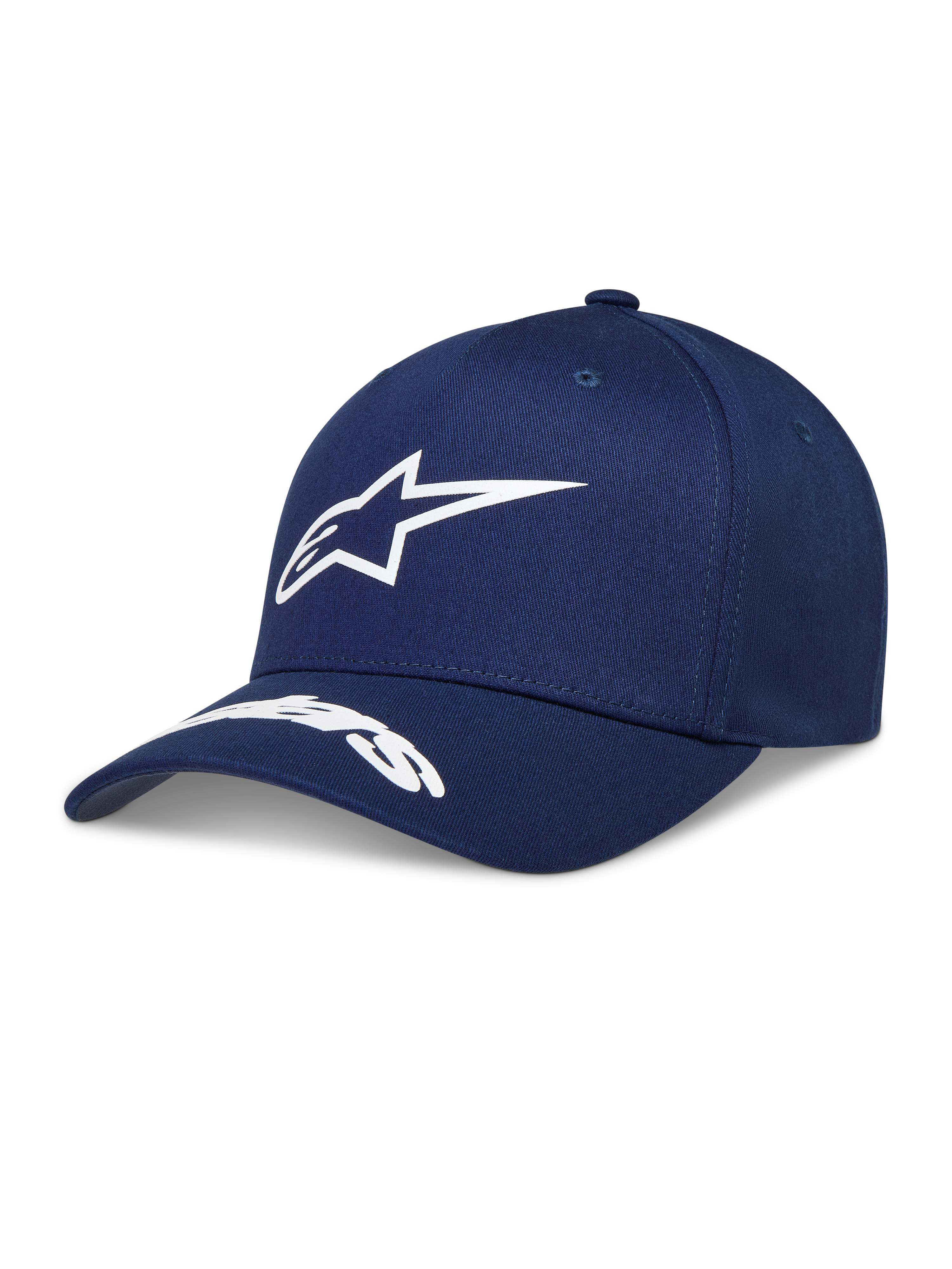 Alpinestars Arclight Hat, navyblå kasket med hvidt puff-print logo, buet skygge og struktureret krone.