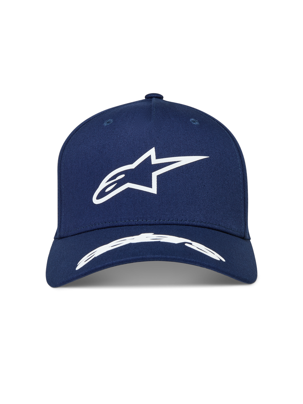Alpinestars Arclight Hat, navyblå kasket med hvidt puff-print Astars-logo, struktureret krone og buet skygge.
