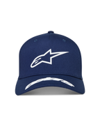 Alpinestars Arclight Hat, navyblå kasket med hvidt puff-print Astars-logo, struktureret krone og buet skygge.