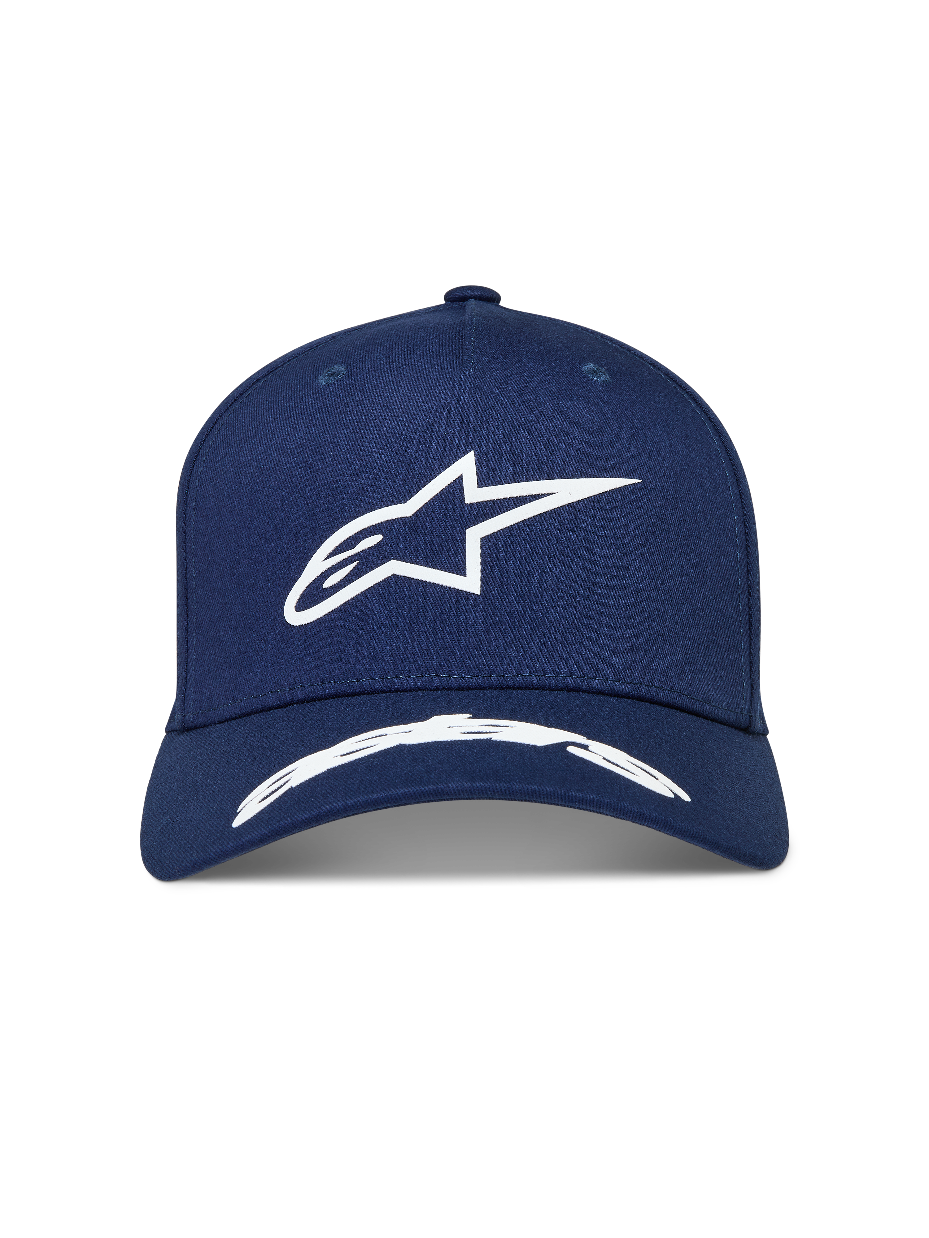 Alpinestars Arclight Hat, navyblå kasket med hvidt puff-print Astars-logo, struktureret krone og buet skygge.