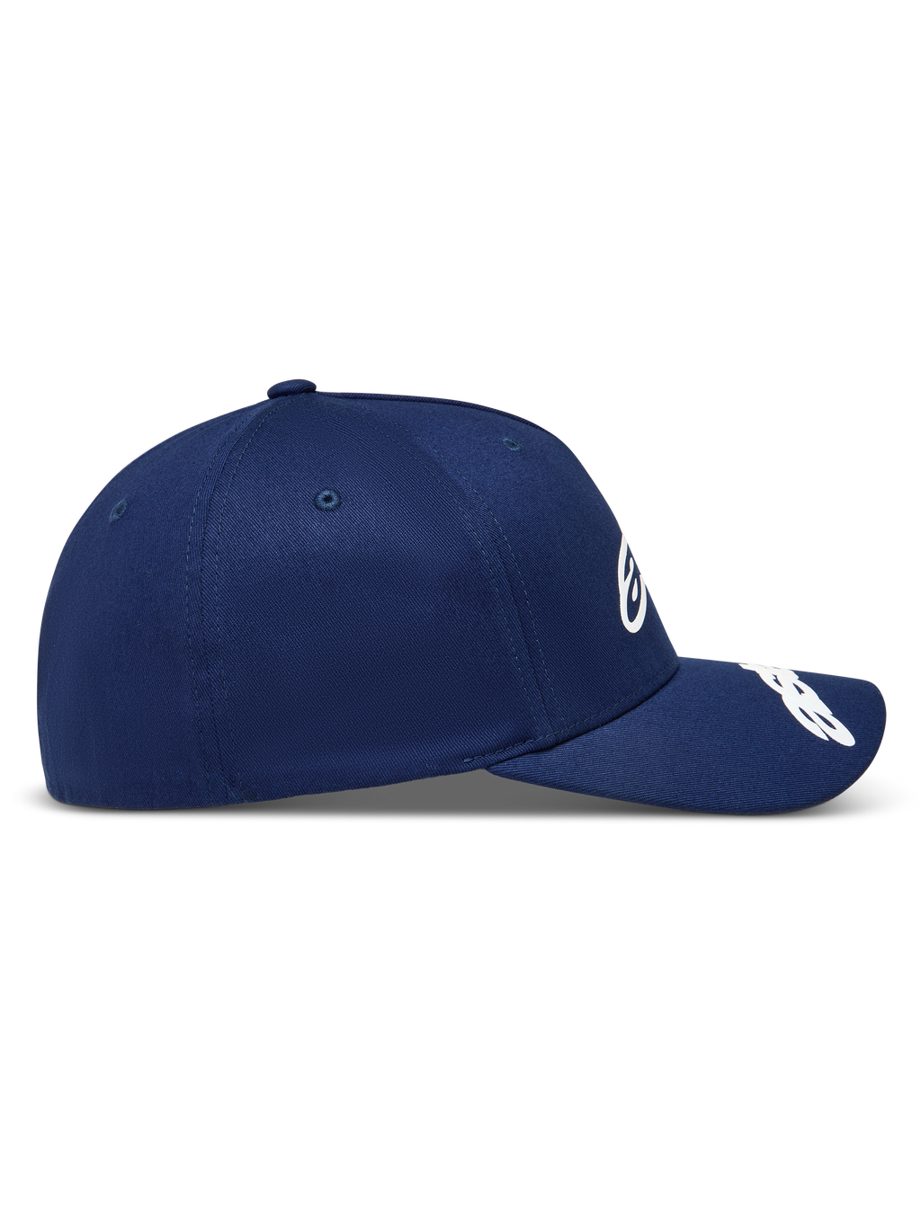 Alpinestars Arclight kasket, mørkeblå baseballkasket i twill med buet skygge og struktureret krone, set fra siden.