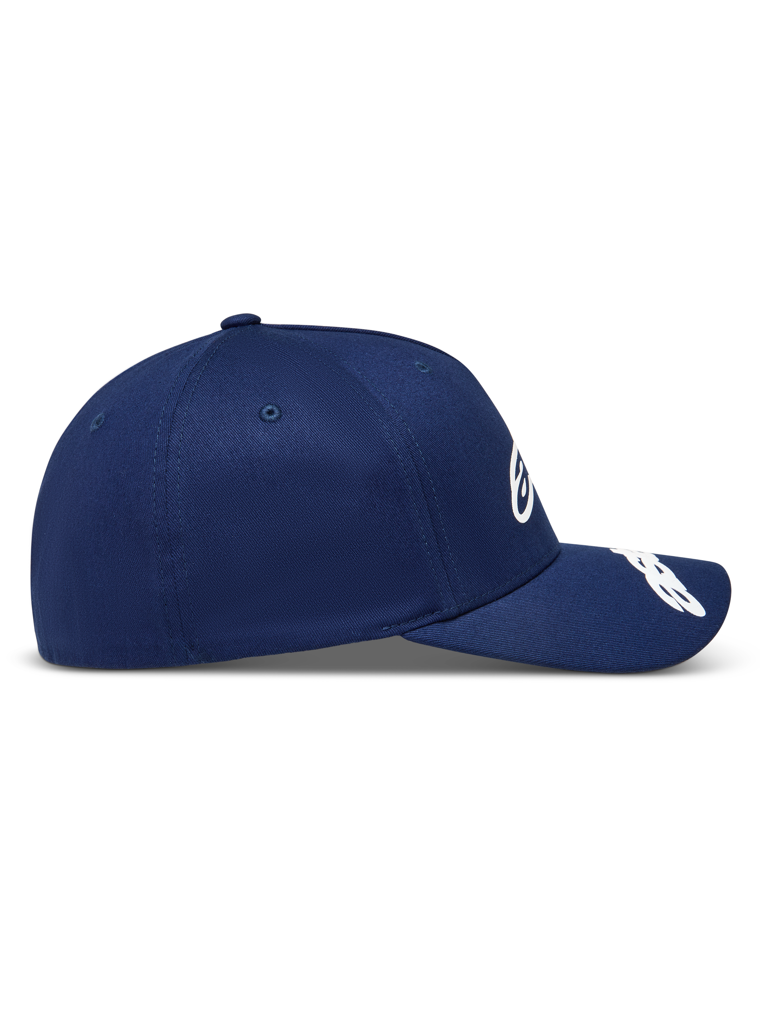 Alpinestars Arclight kasket, mørkeblå baseballkasket i twill med buet skygge og struktureret krone, set fra siden.