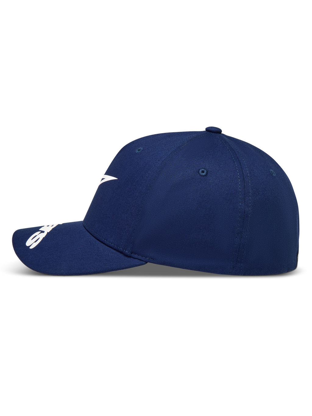 Alpinestars Arclight kasket, marineblå baseballkasket i sideprofil med hvidt logo og buet skygge.