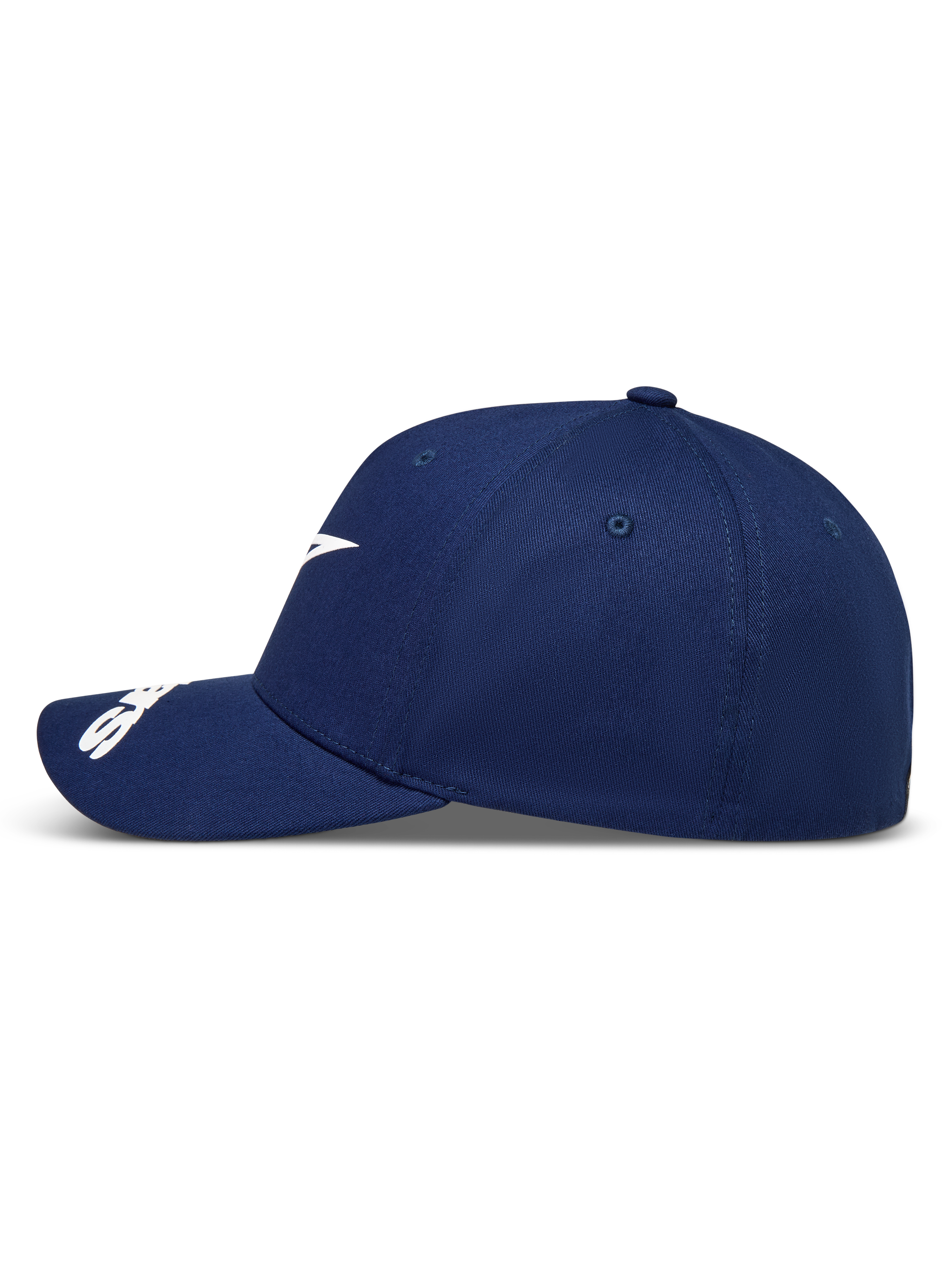 Alpinestars Arclight kasket, marineblå baseballkasket i sideprofil med hvidt logo og buet skygge.