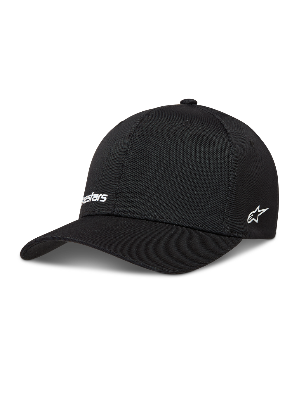 Alpinestars Points Hat, sort kasket i nylon tactel med hvide HD-printede logoer og flex back-pasform, motorsport sportstøj.