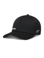 Alpinestars Points Hat, sort kasket i nylon tactel med hvide HD-printede logoer og flex back-pasform, motorsport sportstøj.