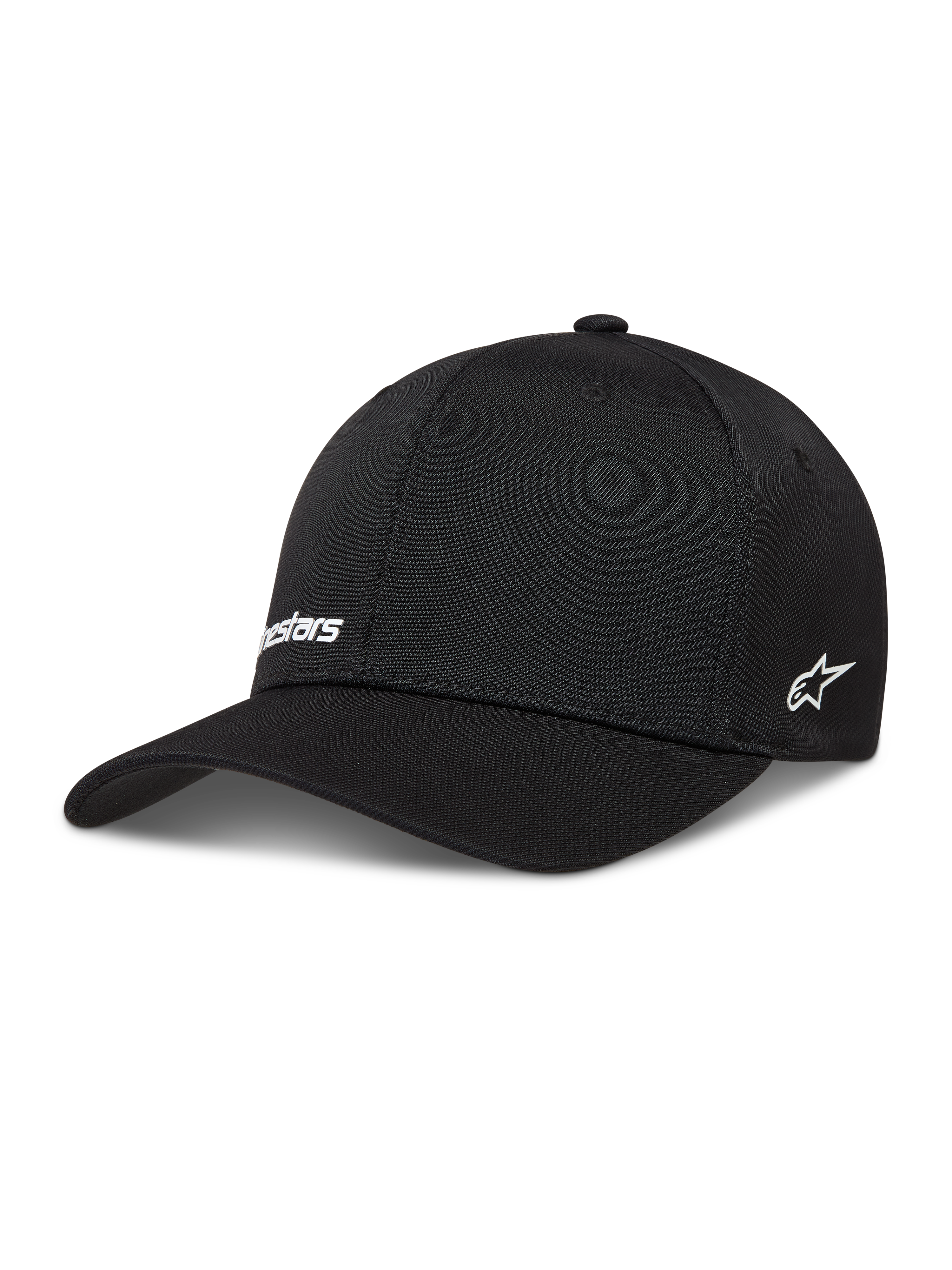 Alpinestars Points Hat, sort kasket i nylon tactel med hvide HD-printede logoer og flex back-pasform, motorsport sportstøj.