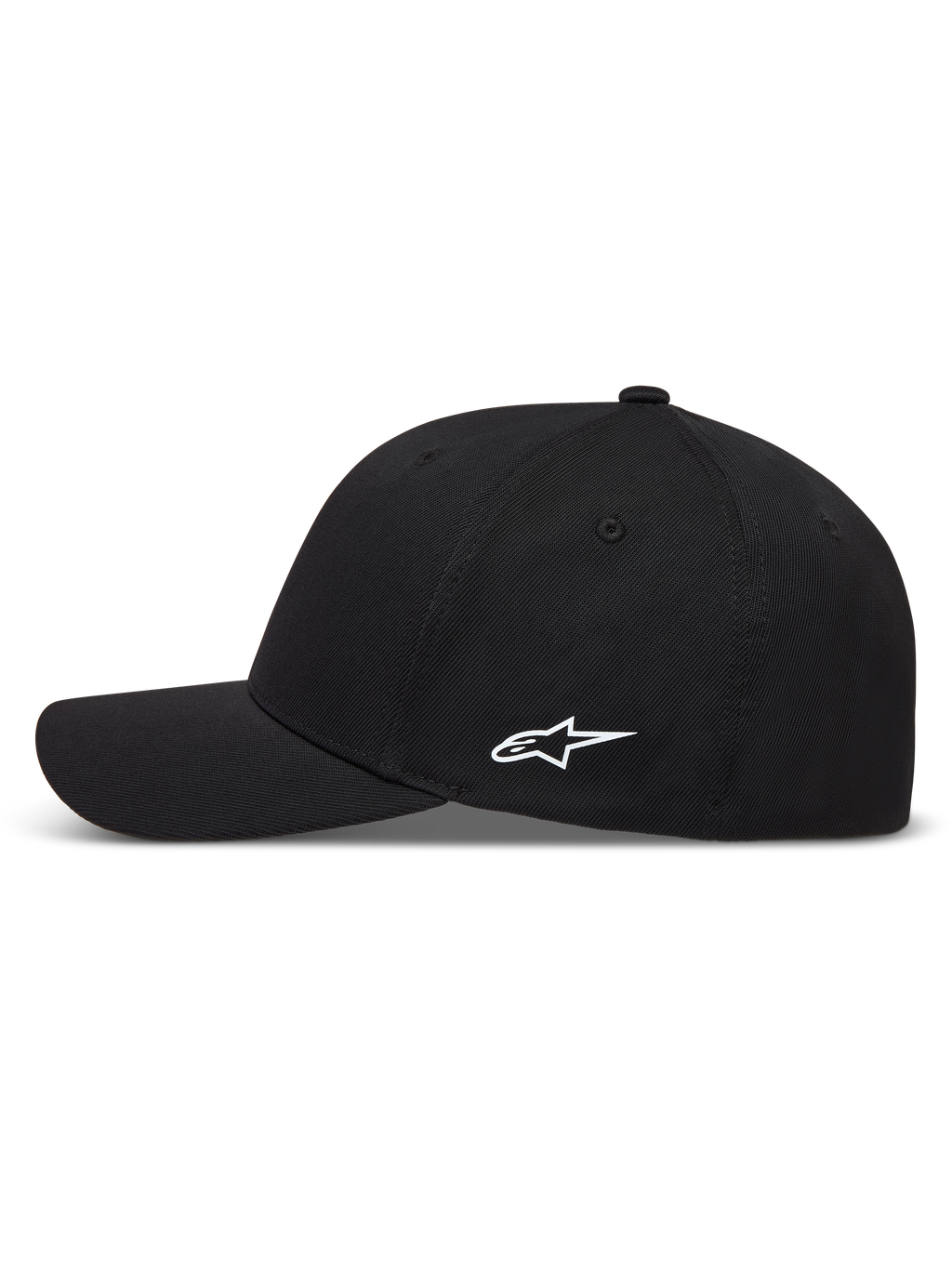 Alpinestars Points Hat, sort kasket i nylon tactel med hvidt HD-printet Astars-logo på siden og buet skygge.
