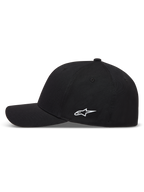 Alpinestars Points Hat, sort kasket i nylon tactel med hvidt HD-printet Astars-logo på siden og buet skygge.
