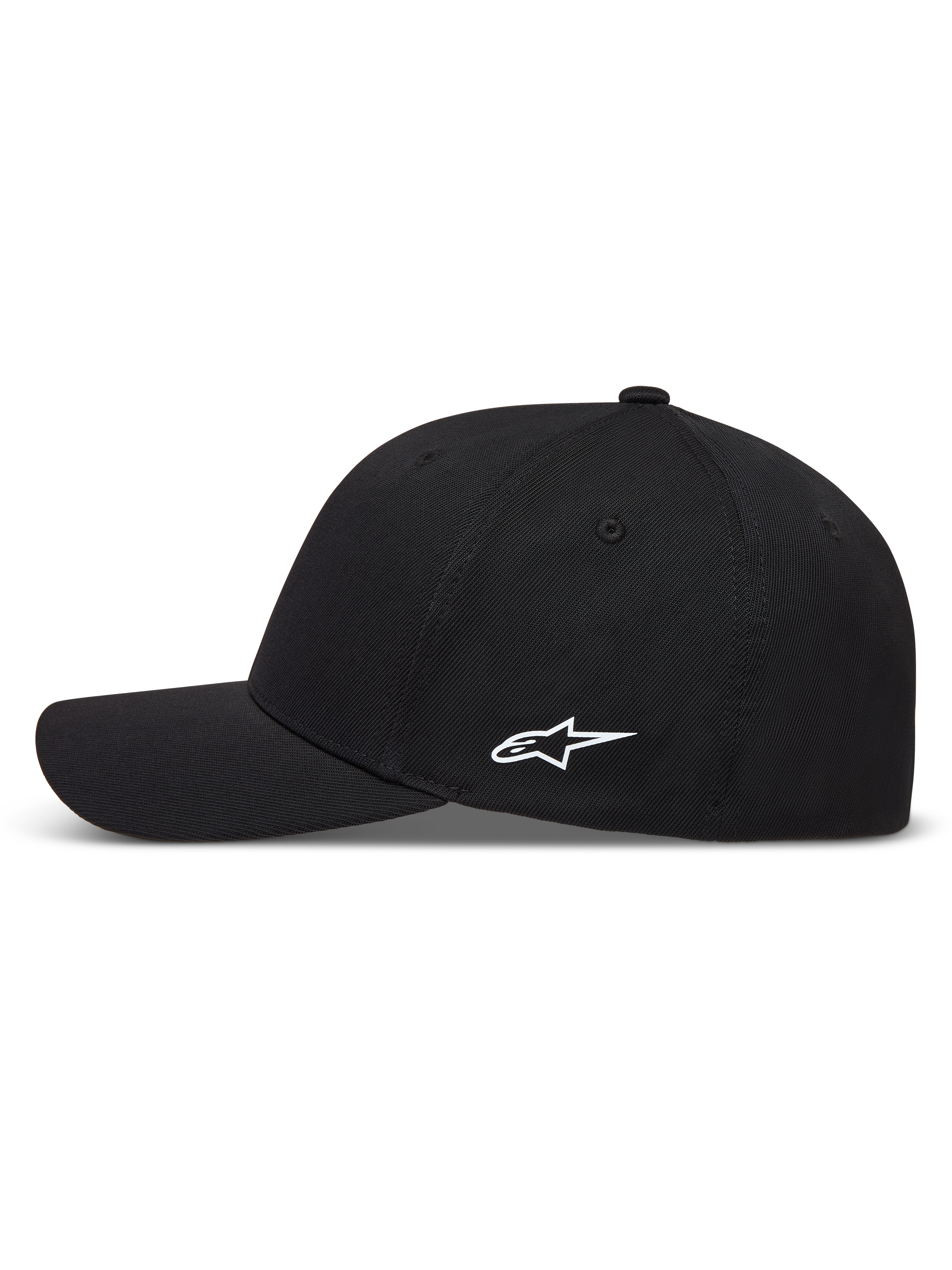 Alpinestars Points Hat, sort kasket i nylon tactel med hvidt HD-printet Astars-logo på siden og buet skygge.