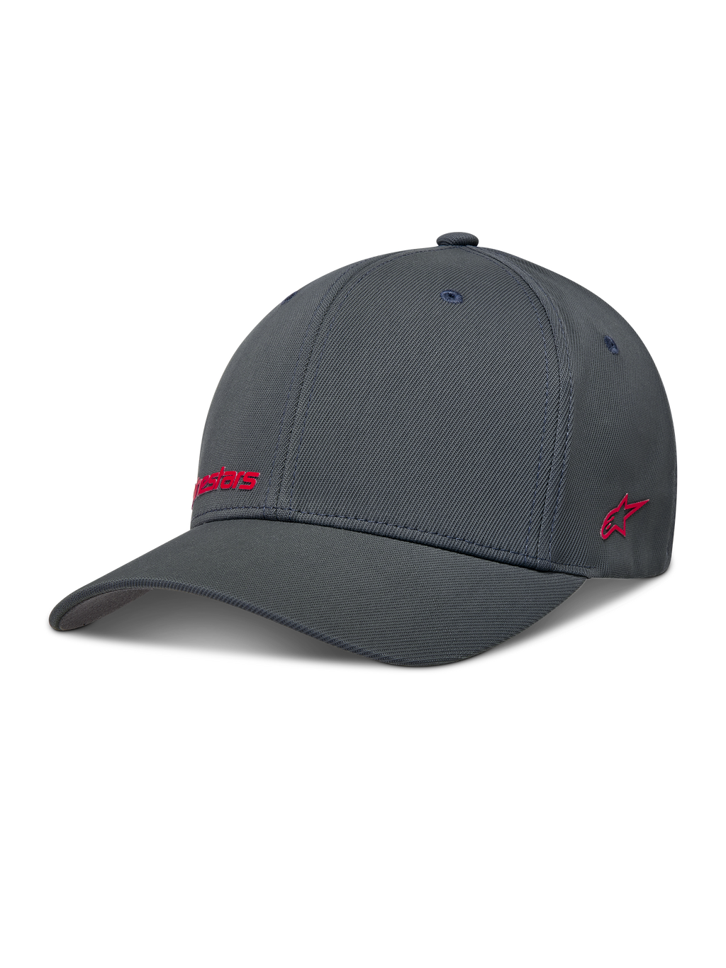 Alpinestars Points Hat, mørkegrå flex-back kasket i nylon tactel med rødt HD-print logo, afslappet motorsport sportstøj.