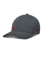 Alpinestars Points Hat, mørkegrå flex-back kasket i nylon tactel med rødt HD-print logo, afslappet motorsport sportstøj.