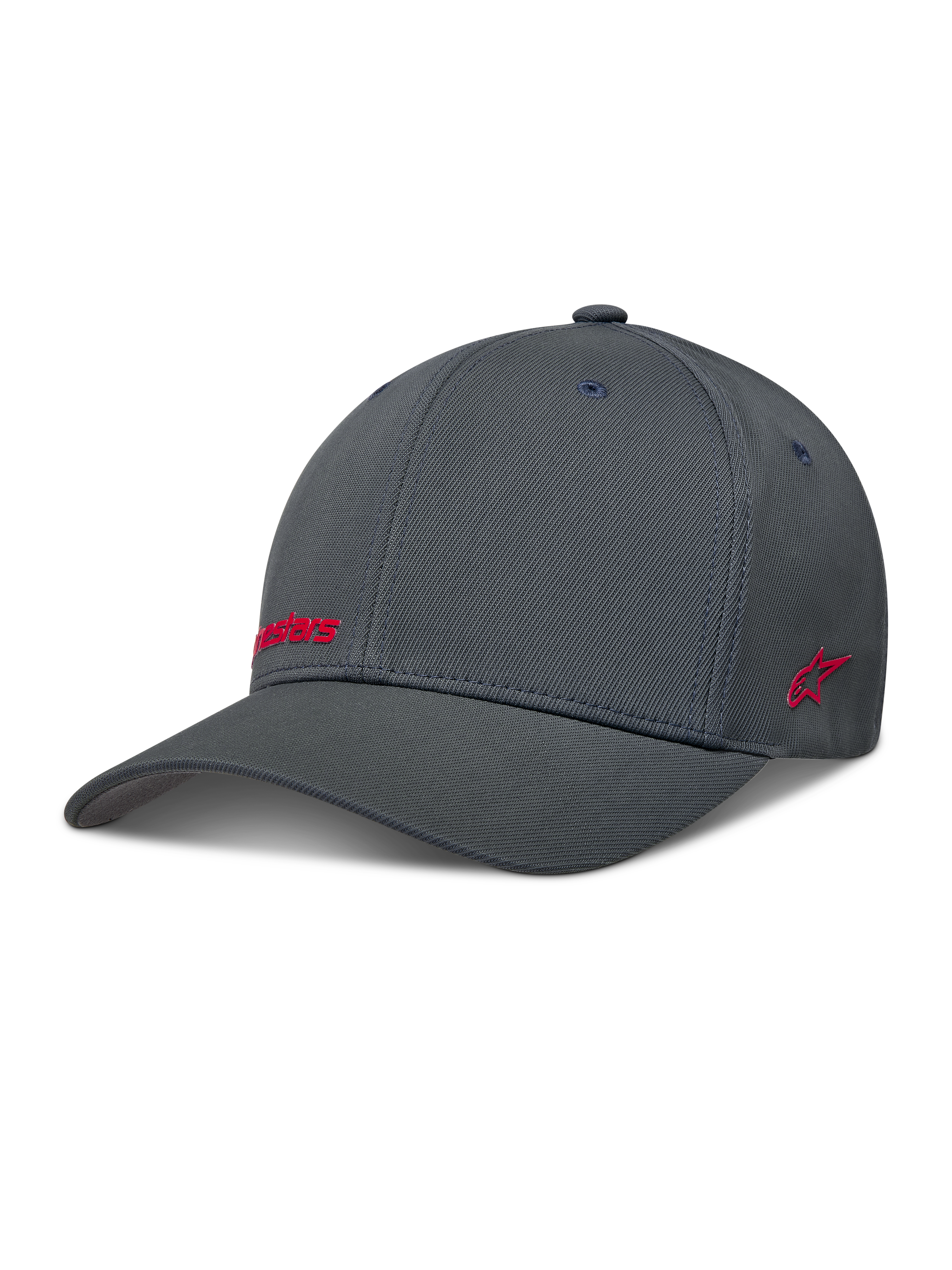 Alpinestars Points Hat, mørkegrå flex-back kasket i nylon tactel med rødt HD-print logo, afslappet motorsport sportstøj.