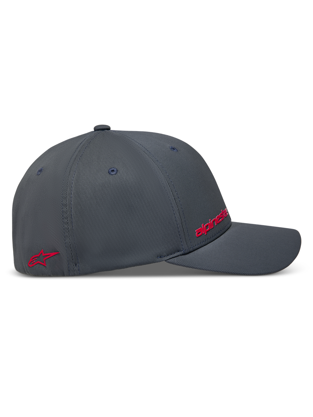 Alpinestars Points kasket, mørkegrå baseballkasket set fra siden med røde HD-print logoer i nylon tactel, afslappet motorsport-sportstøj.
