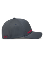 Alpinestars Points kasket, mørkegrå baseballkasket set fra siden med røde HD-print logoer i nylon tactel, afslappet motorsport-sportstøj.