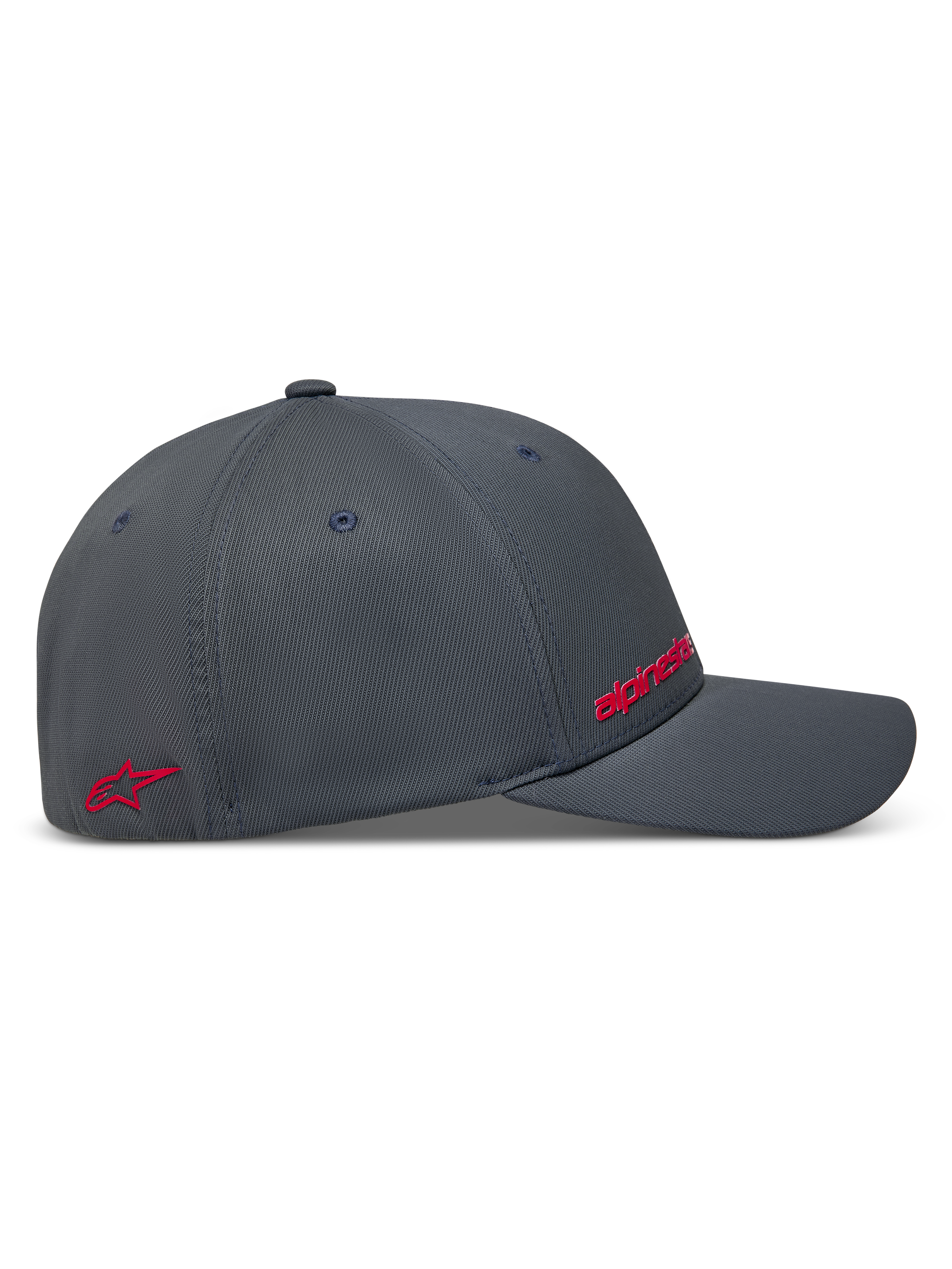 Alpinestars Points kasket, mørkegrå baseballkasket set fra siden med røde HD-print logoer i nylon tactel, afslappet motorsport-sportstøj.