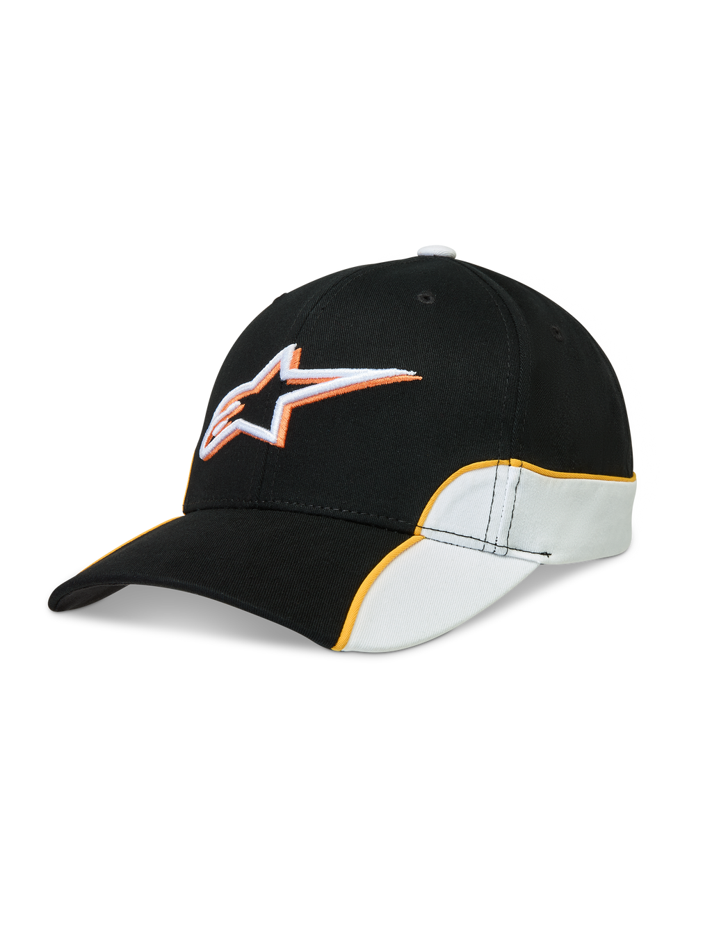 Alpinestars 500 Snapback kasket, afslappet sportswear-kasket til hverdagsbrug, unisex, sort og hvid med orange kontrast-piping, buet skygge og 3D-broderet Astars-logo, bomuldstwill