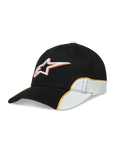 Alpinestars 500 Snapback kasket, afslappet sportswear-kasket til hverdagsbrug, unisex, sort og hvid med orange kontrast-piping, buet skygge og 3D-broderet Astars-logo, bomuldstwill
