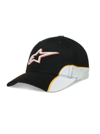 Alpinestars 500 Snapback kasket, afslappet sportswear-kasket til hverdagsbrug, unisex, sort og hvid med orange kontrast-piping, buet skygge og 3D-broderet Astars-logo, bomuldstwill